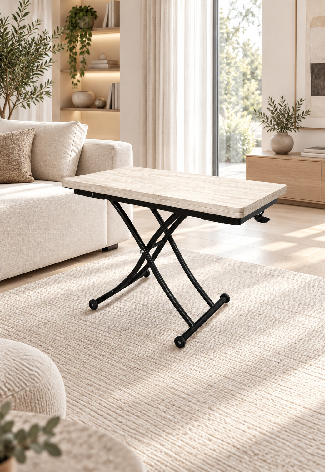 Mini Juppo Akıllı Sehpa – Traverten MDF Üst & Siyah İçe Kıvrım Metal Ayak