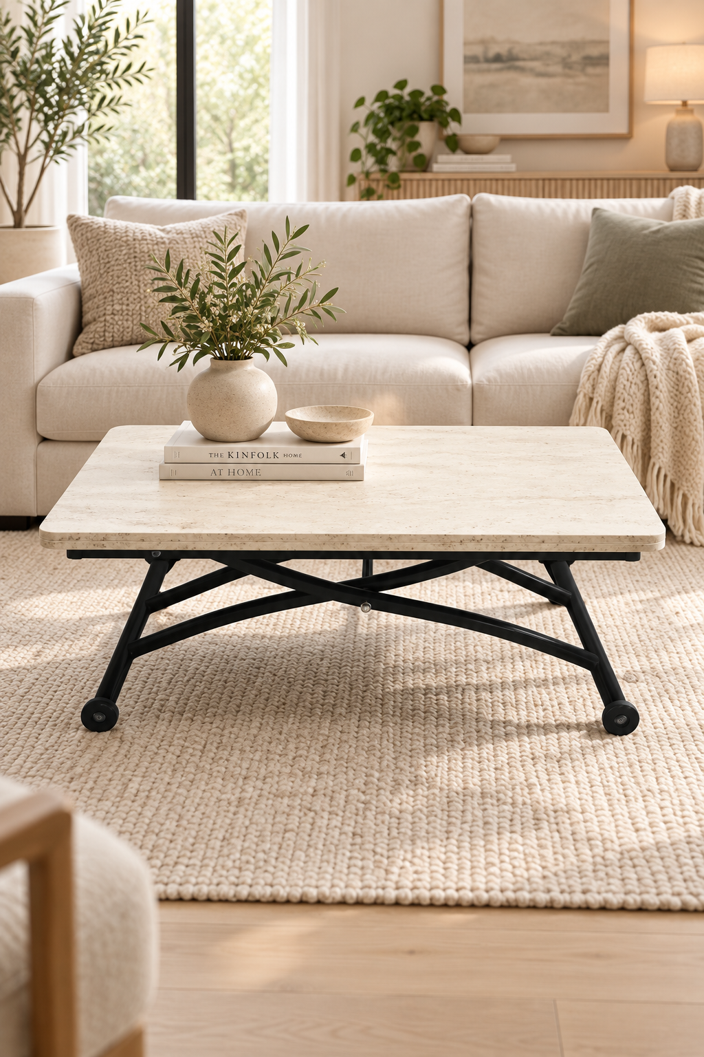 Mini Juppo Smart Coffee Table – Travertine MDF Top & Black Outward Curved Metal Leg
