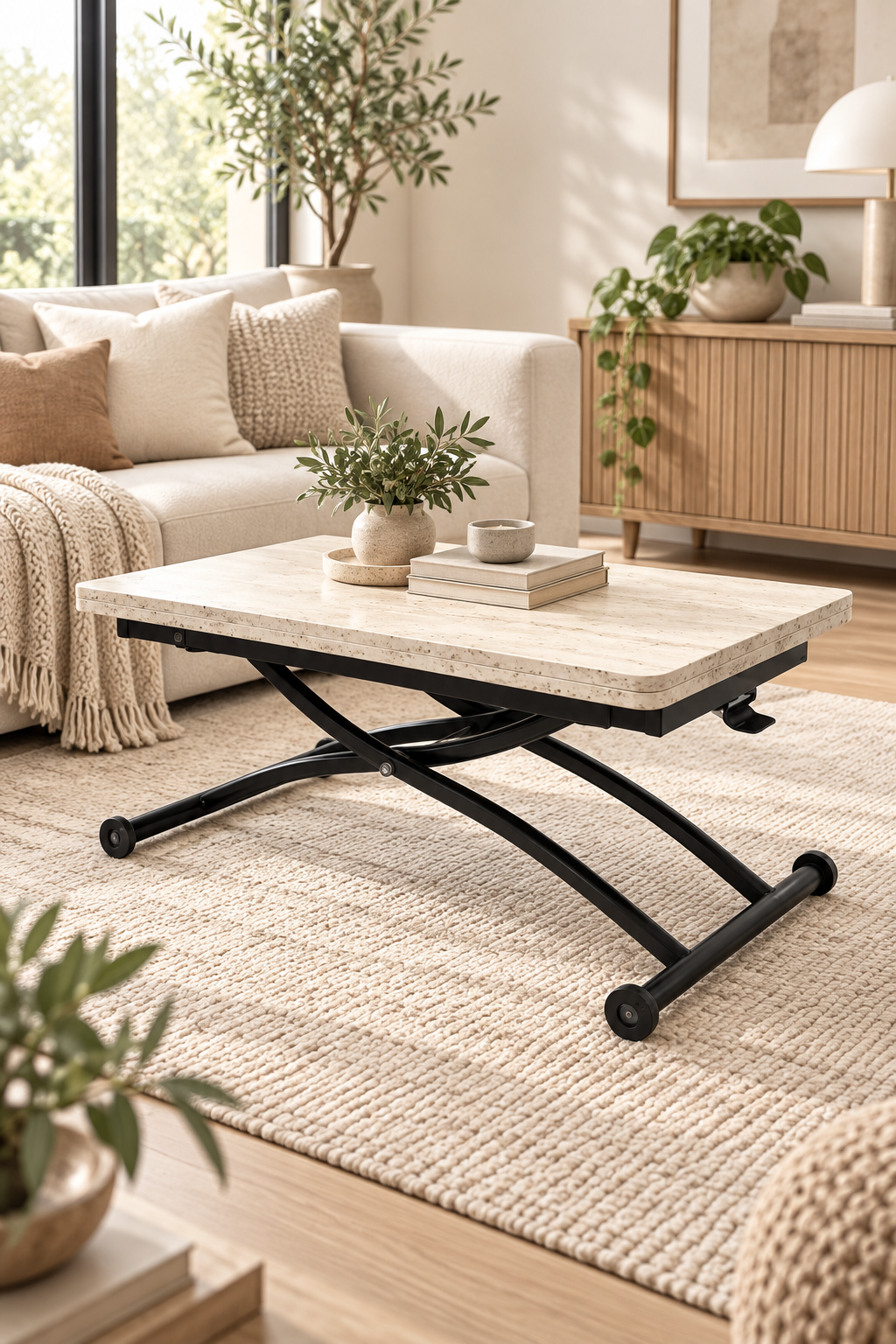 Mini Juppo Smart Coffee Table – Travertine MDF Top & Black Outward Curved Metal Leg