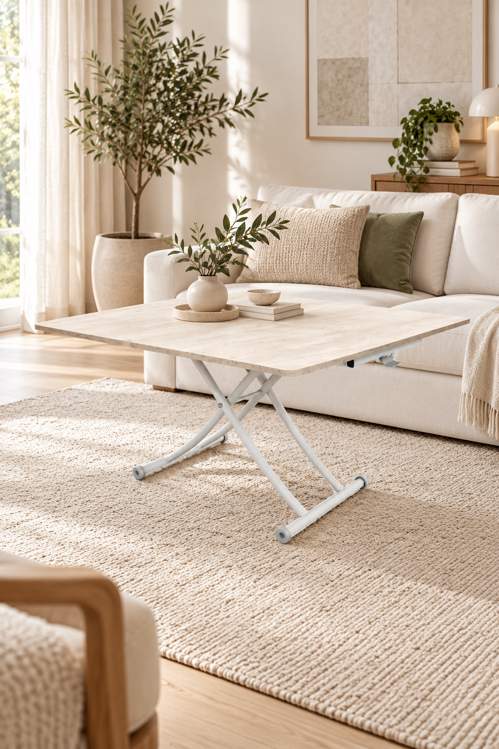 Mini Juppo Smart Coffee Table – Travertine MDF Top & White Metal Leg