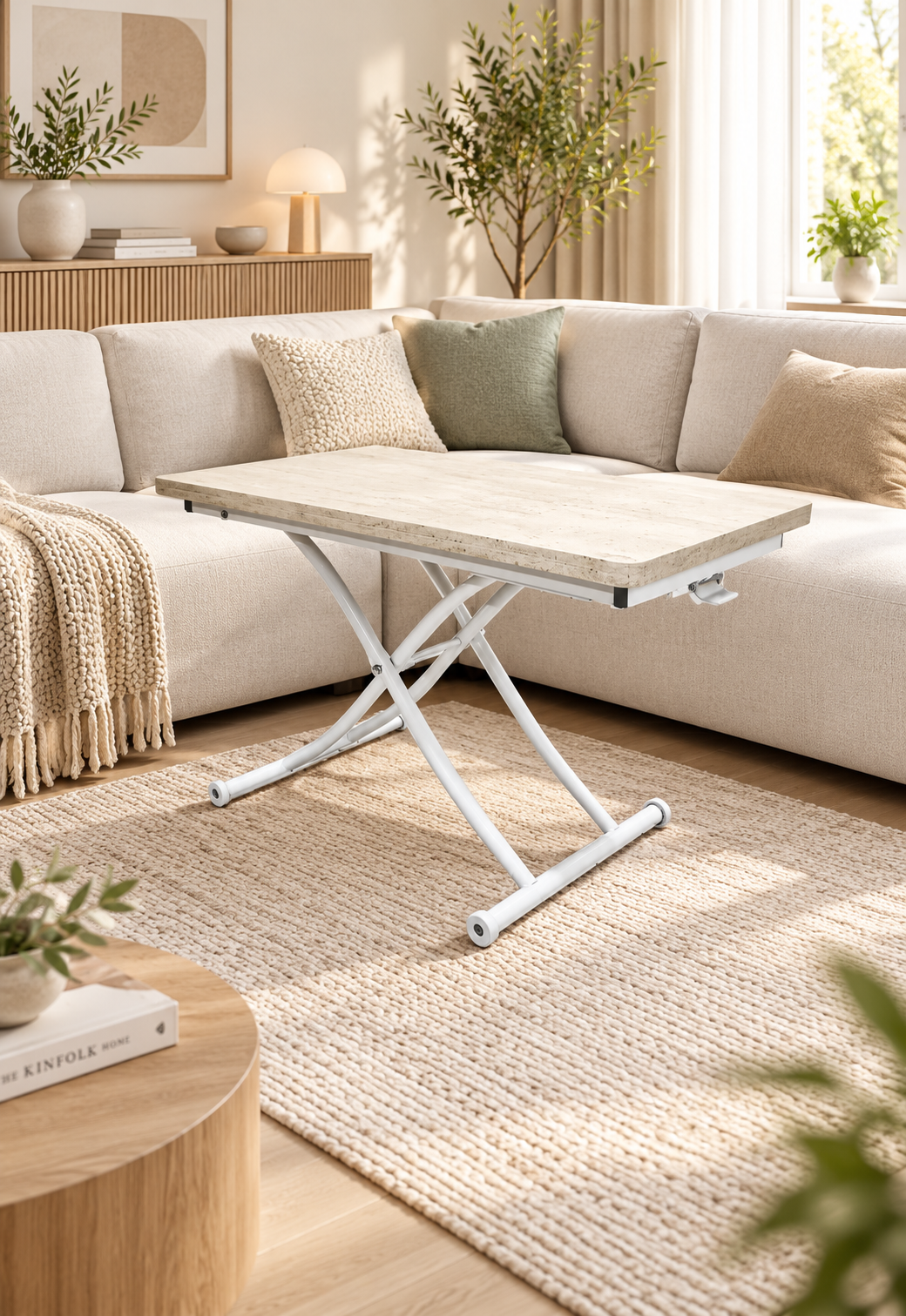 Mini Juppo Smart Coffee Table – Travertine MDF Top & White Metal Leg