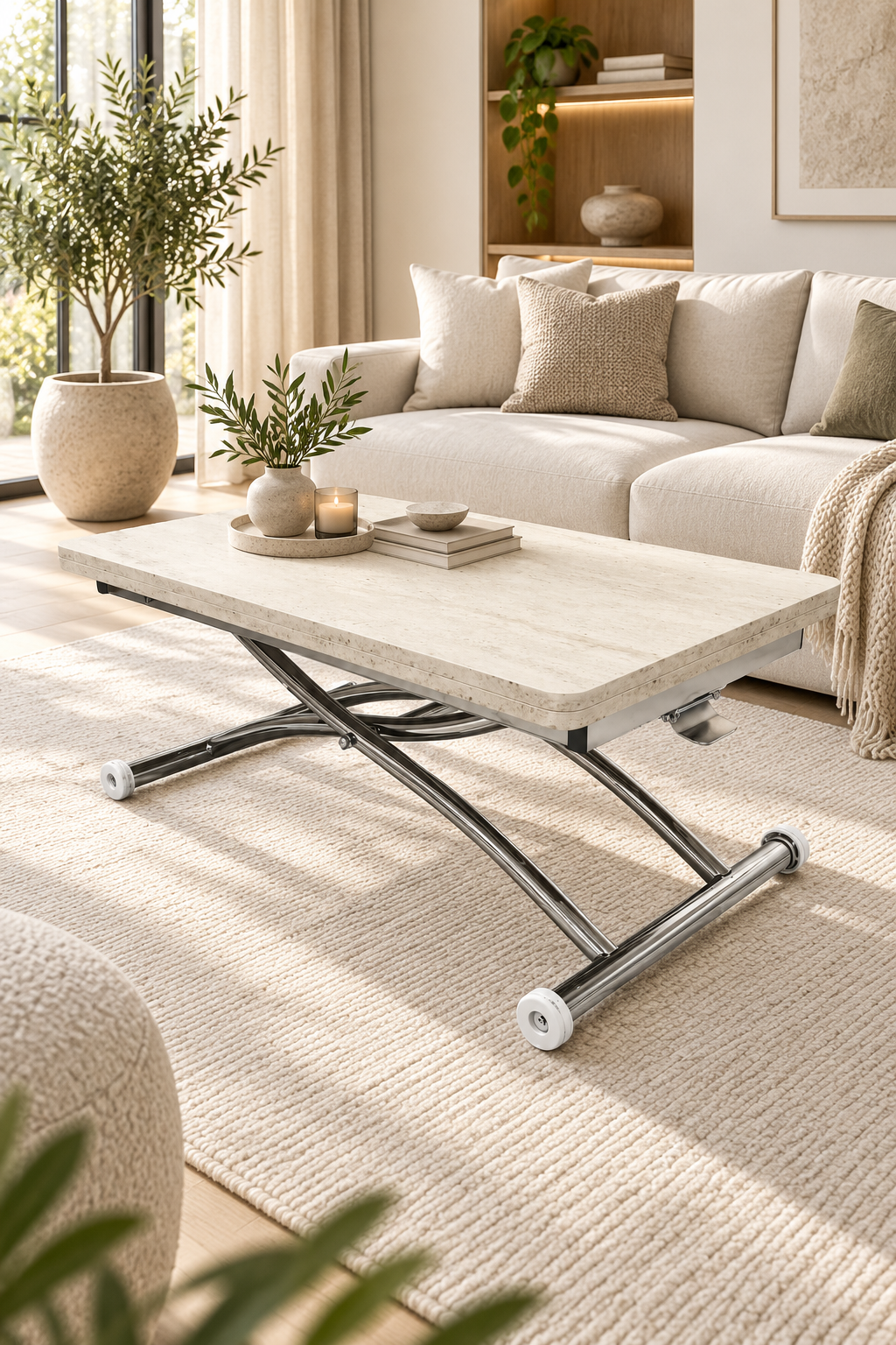 Mini Juppo Smart Coffee Table – Travertine MDF Top & Chrome Outward-Curved Metal Leg