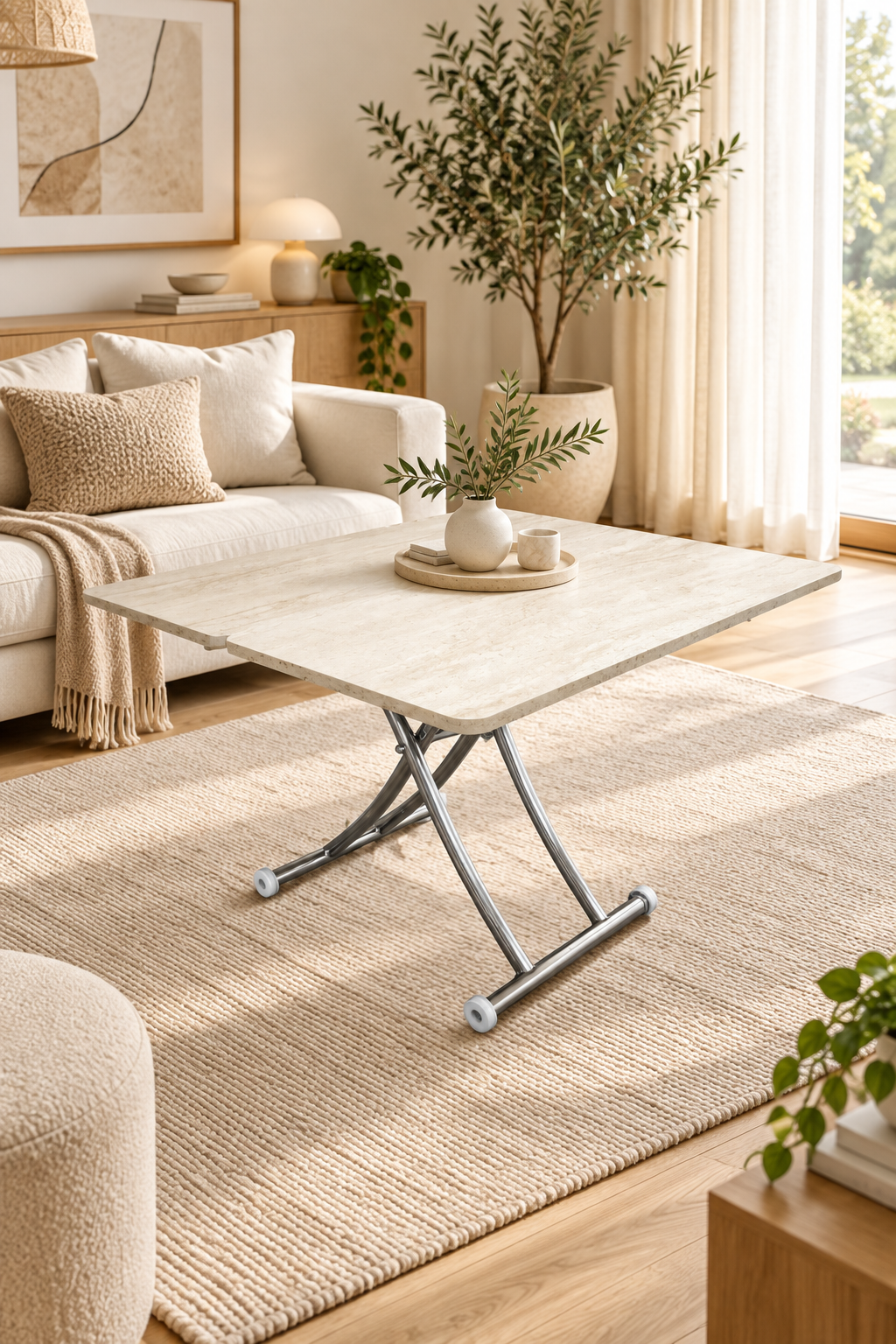 Mini Juppo Akıllı Sehpa – Traverten MDF Üst & Krom İçe Kıvrım Metal Ayak