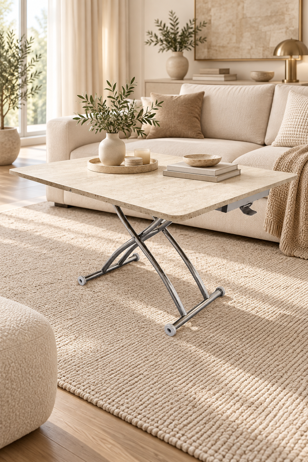 Mini Juppo Smart Coffee Table – Travertine MDF Top & Chrome Outward-Curved Metal Leg