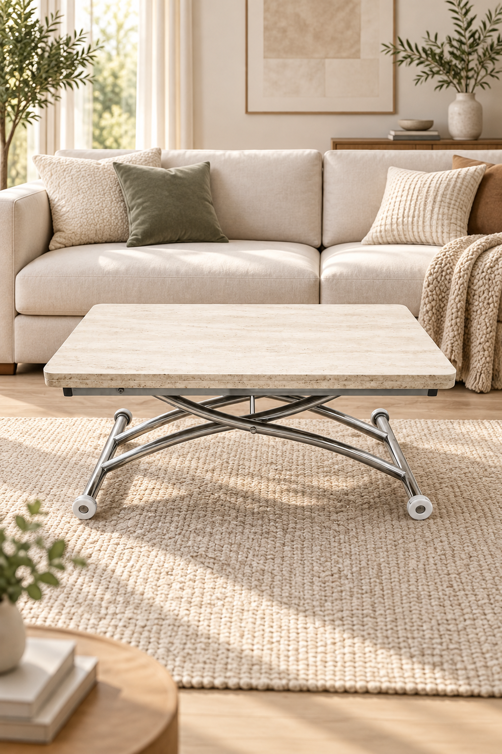 Mini Juppo Smart Coffee Table – Travertine MDF Top & Chrome Outward-Curved Metal Leg
