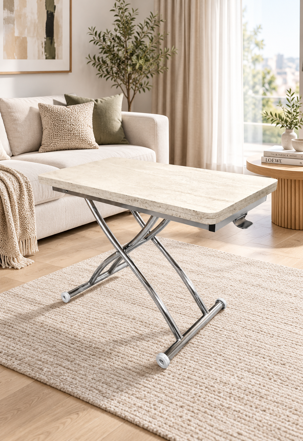 Mini Juppo Smart Coffee Table – Travertine MDF Top & Chrome Outward-Curved Metal Leg