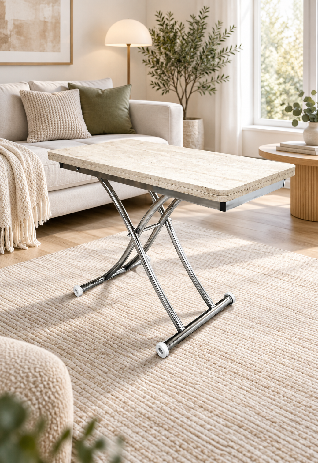 Mini Juppo Akıllı Sehpa – Traverten MDF Üst & Krom İçe Kıvrım Metal Ayak