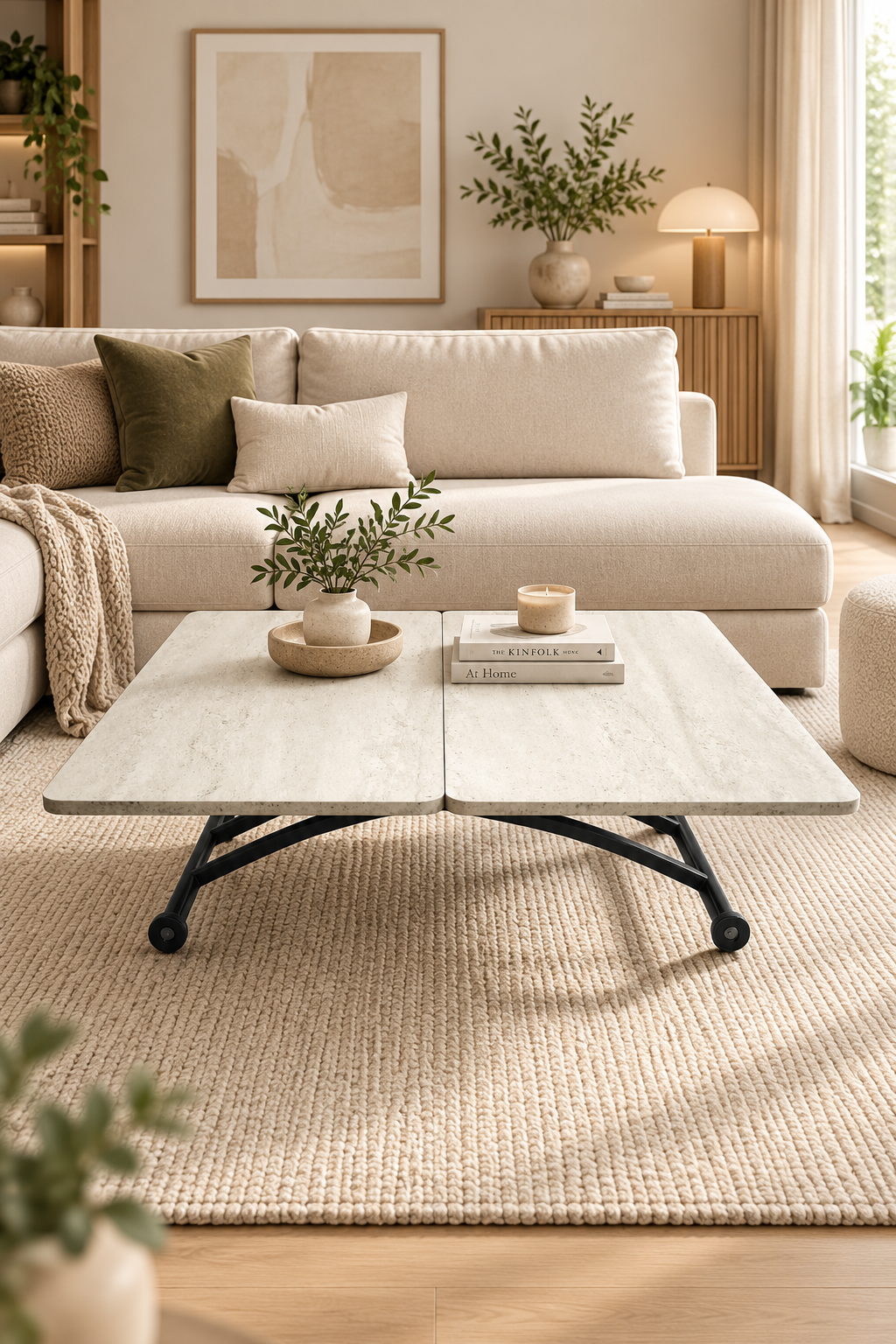 Mini Juppo Smart Coffee Table – Travertine MDF Top & Black Outward Curved Metal Leg