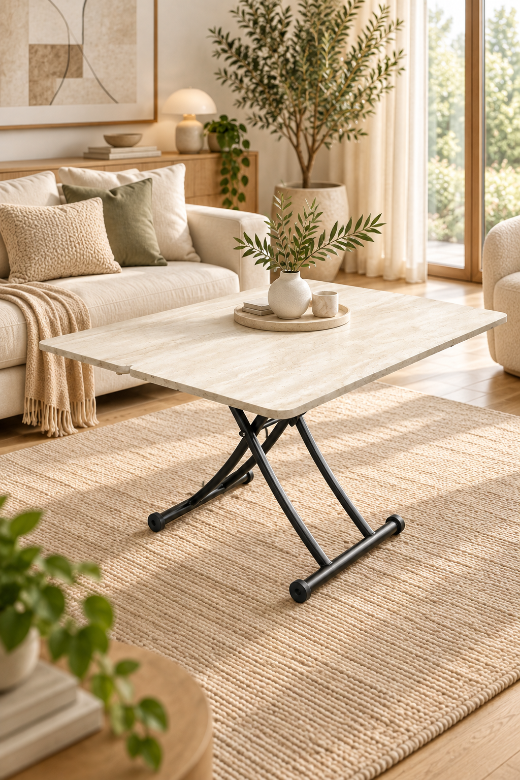 Mini Juppo Akıllı Sehpa – Traverten MDF Üst & Siyah İçe Kıvrım Metal Ayak