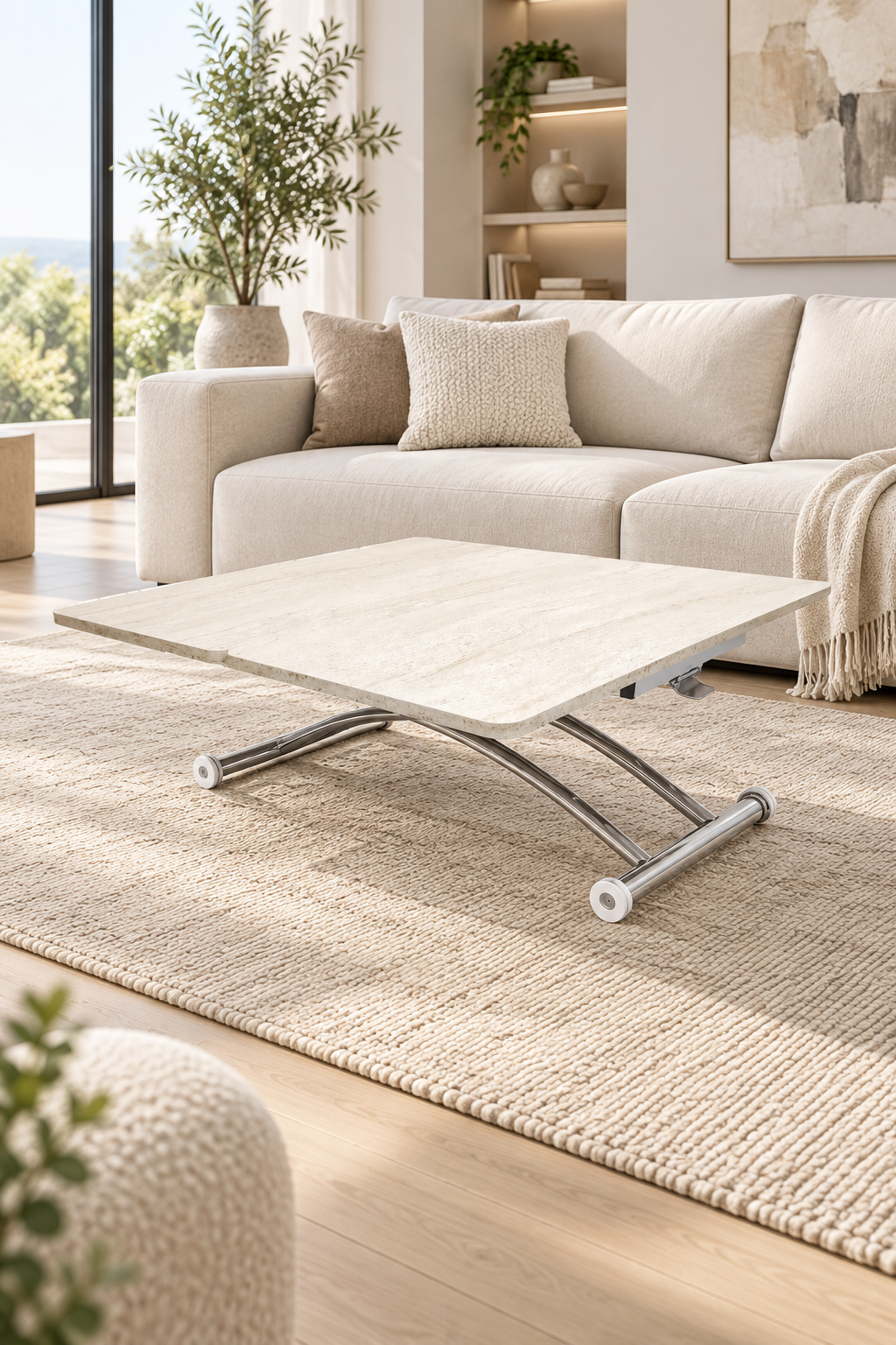 Mini Juppo Smart Coffee Table – Travertine MDF Top & Chrome Outward-Curved Metal Leg