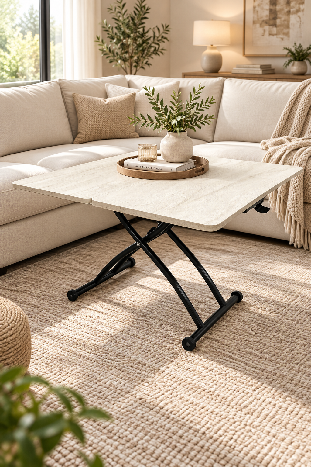 Mini Juppo Smart Coffee Table – Travertine MDF Top & Black Outward Curved Metal Leg
