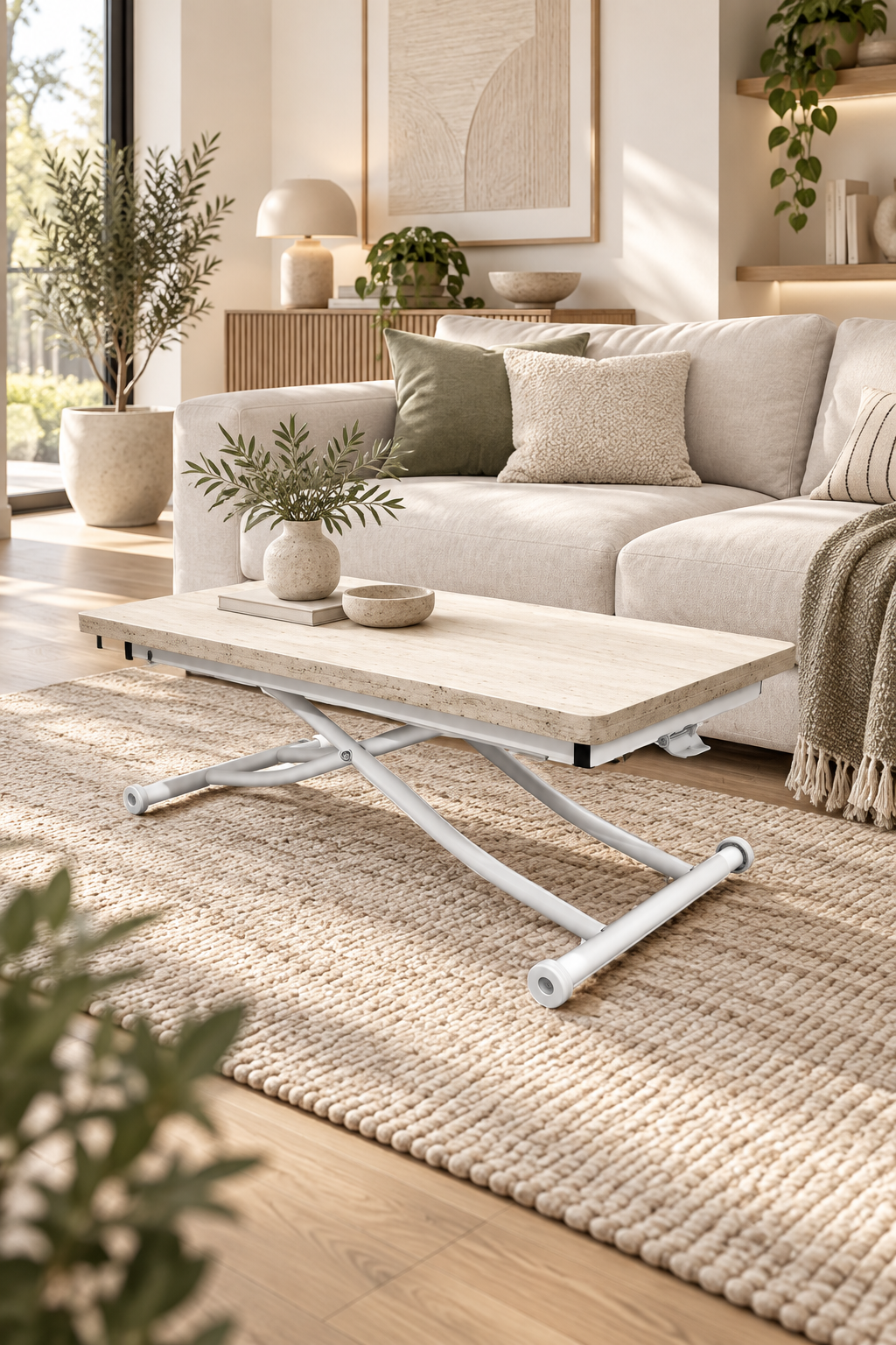 Mini Juppo Smart Coffee Table – Travertine MDF Top & White Metal Leg