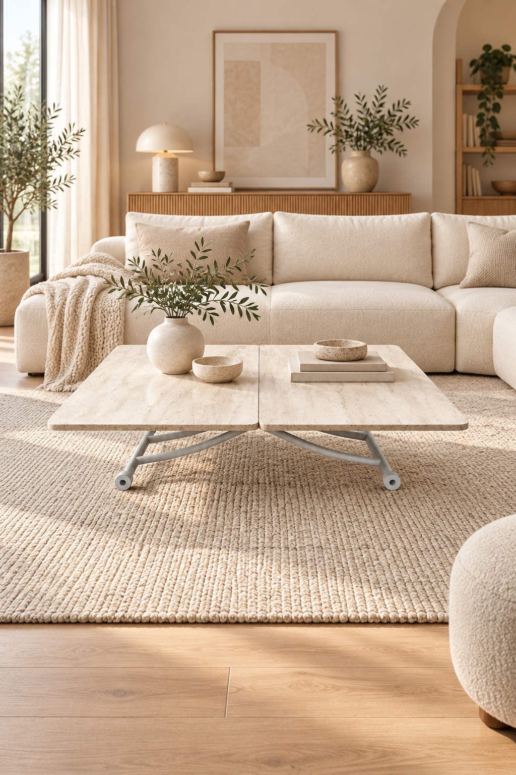 Mini Juppo Smart Coffee Table – Travertine MDF Top & White Metal Leg