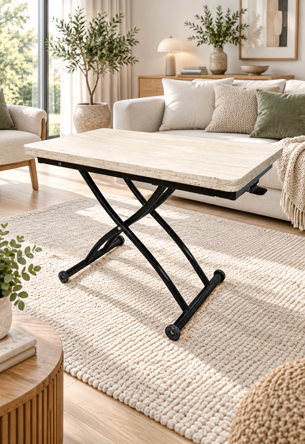 Mini Juppo Smart Coffee Table – Travertine MDF Top & Black Outward Curved Metal Leg
