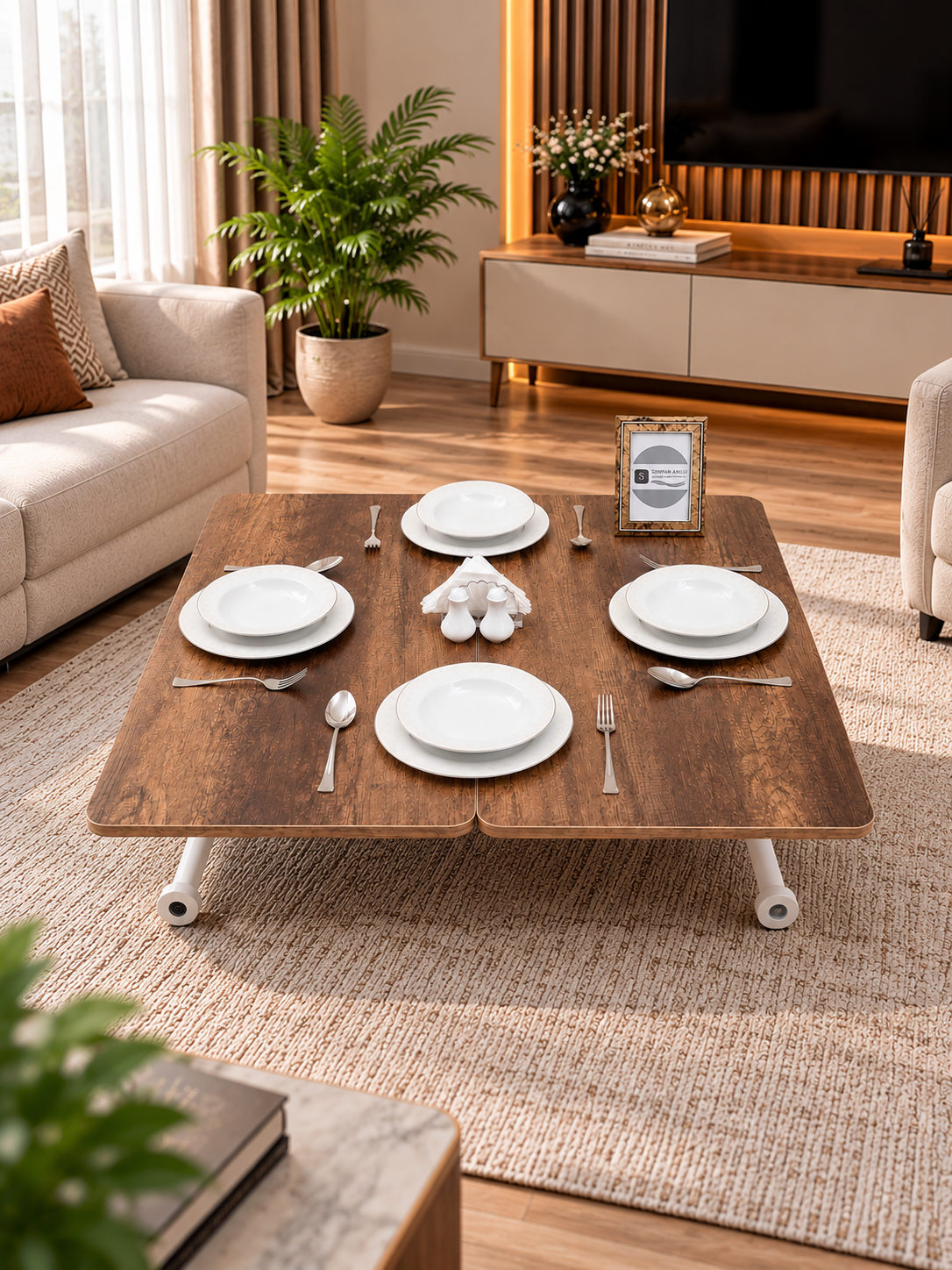 Mini Juppo Smart Coffee Table – White Marble MDF Top & White Outward Curved Metal Leg