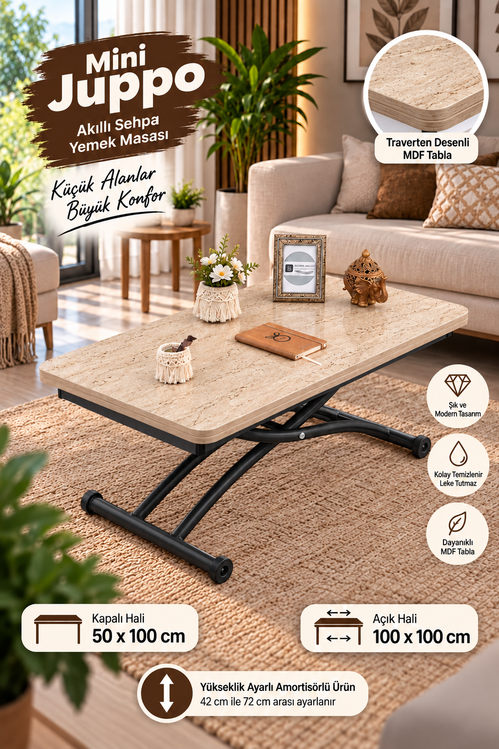 Mini Juppo Smart Coffee Table – Travertine MDF Top & Black Outward Curved Metal Leg