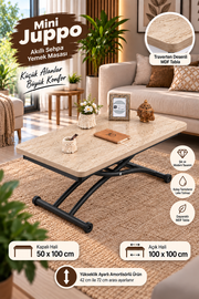 Mini Juppo Smart Coffee Table – Travertine MDF Top & Black Outward Curved Metal Leg