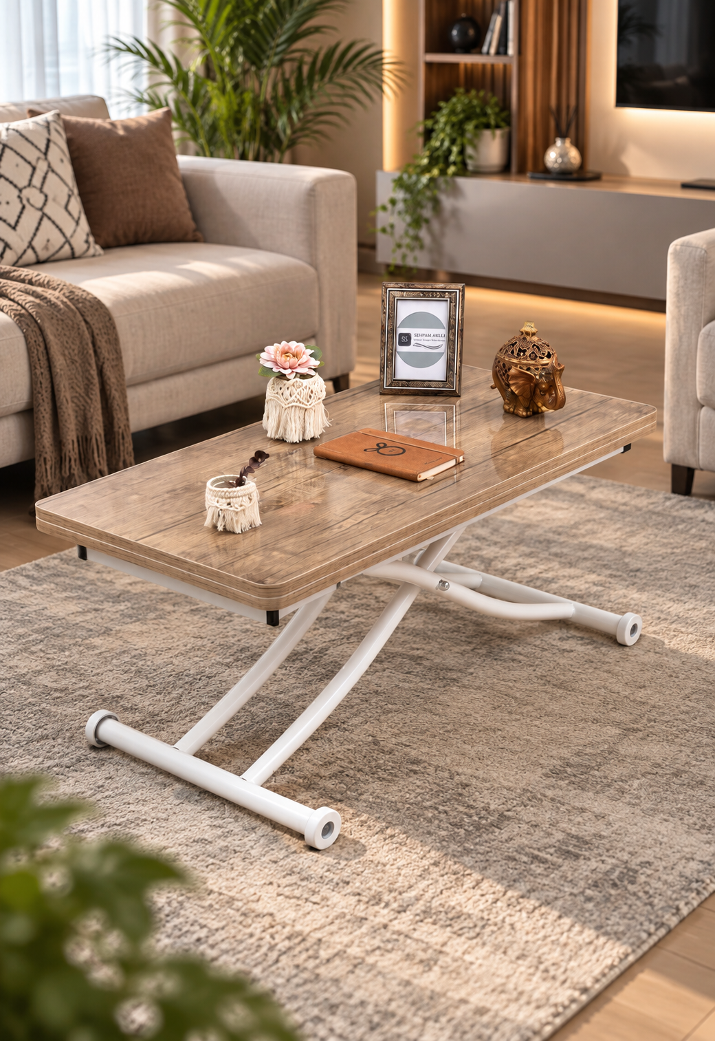Mini Juppo Smart Coffee Table – Antique Light MDF Top & White Metal Legs