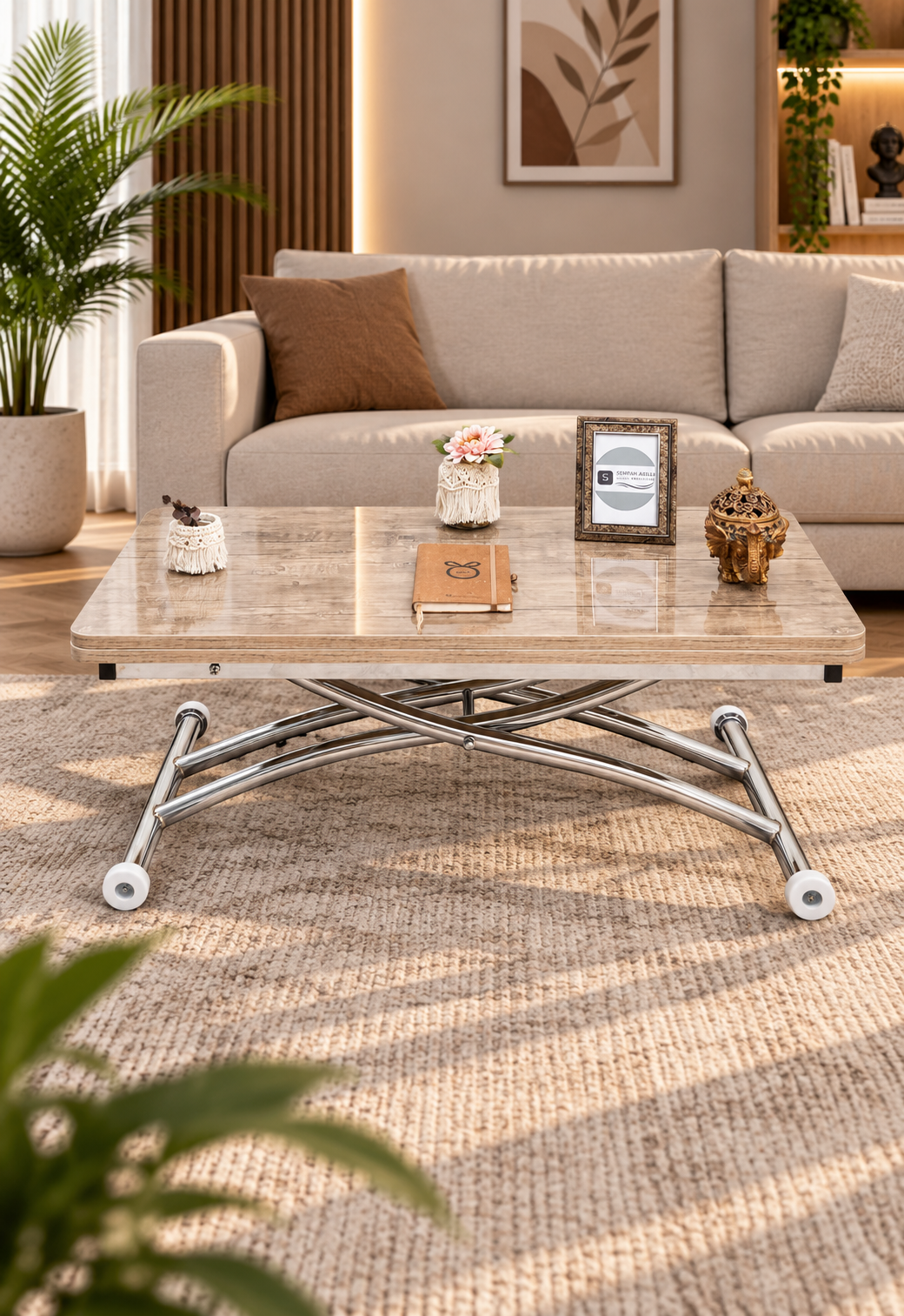 Mini Juppo Smart Coffee Table – Antique Light MDF Top & Chrome-Plated Outwardly Curved Leg