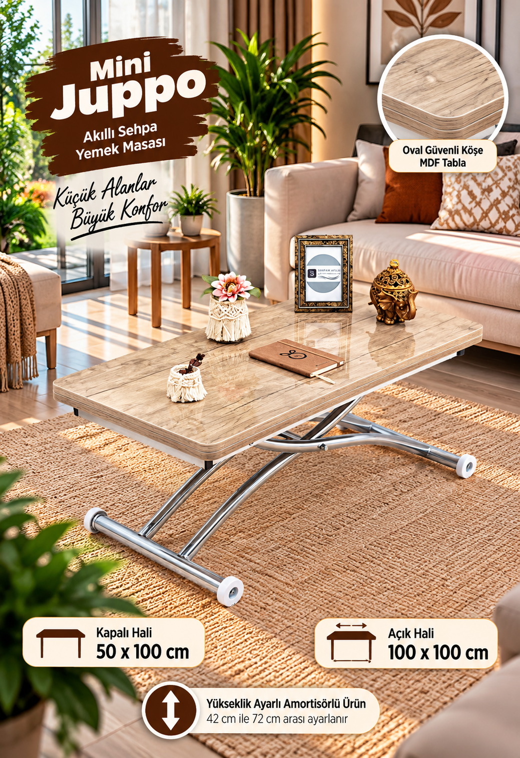 Mini Juppo Smart Coffee Table – Antique Light MDF Top & Chrome-Plated Outwardly Curved Leg