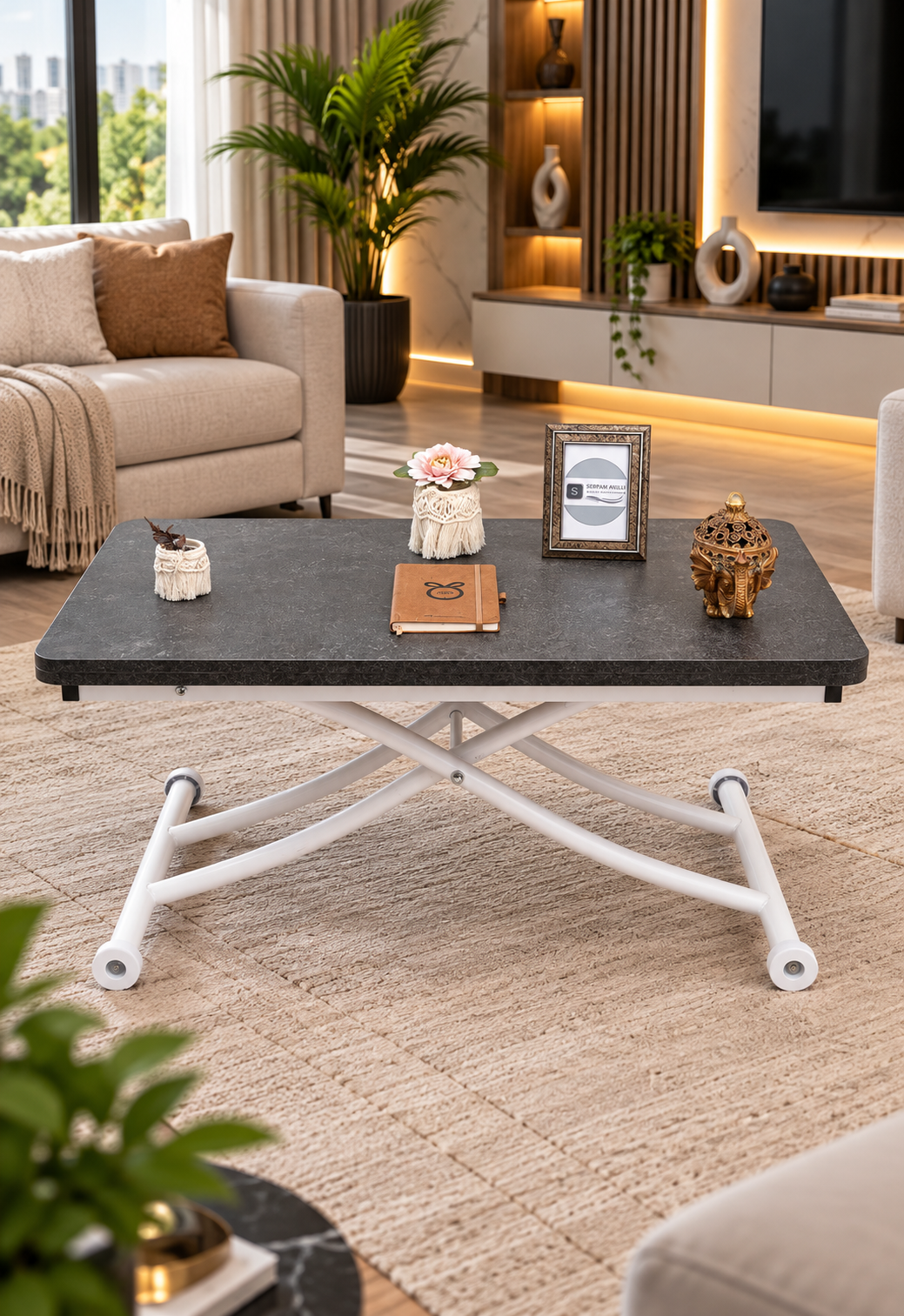 Mini Juppo Smart Coffee Table – Routered Anthracite MDF Top & White Metal Legs