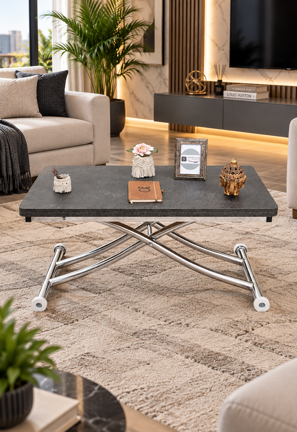 Mini Juppo Smart Coffee Table – Milled Anthracite MDF Top & Chrome Plated Metal Leg