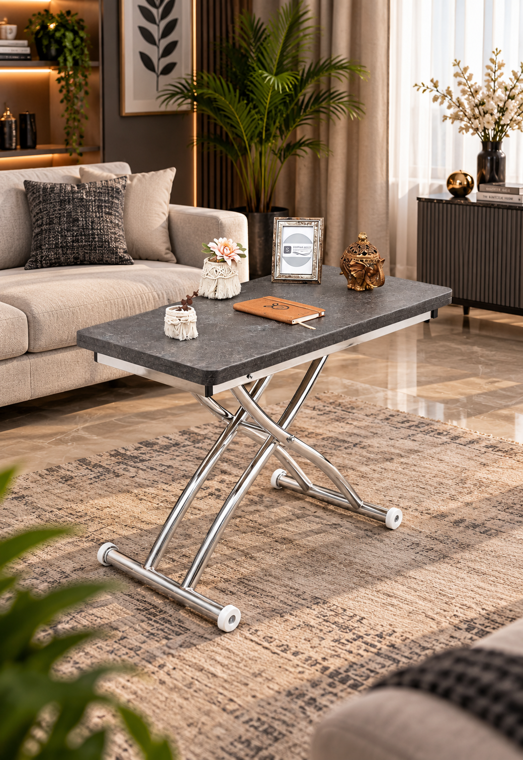 Mini Juppo Smart Coffee Table – Milled Anthracite MDF Top & Chrome-Plated Outward-Curved Leg