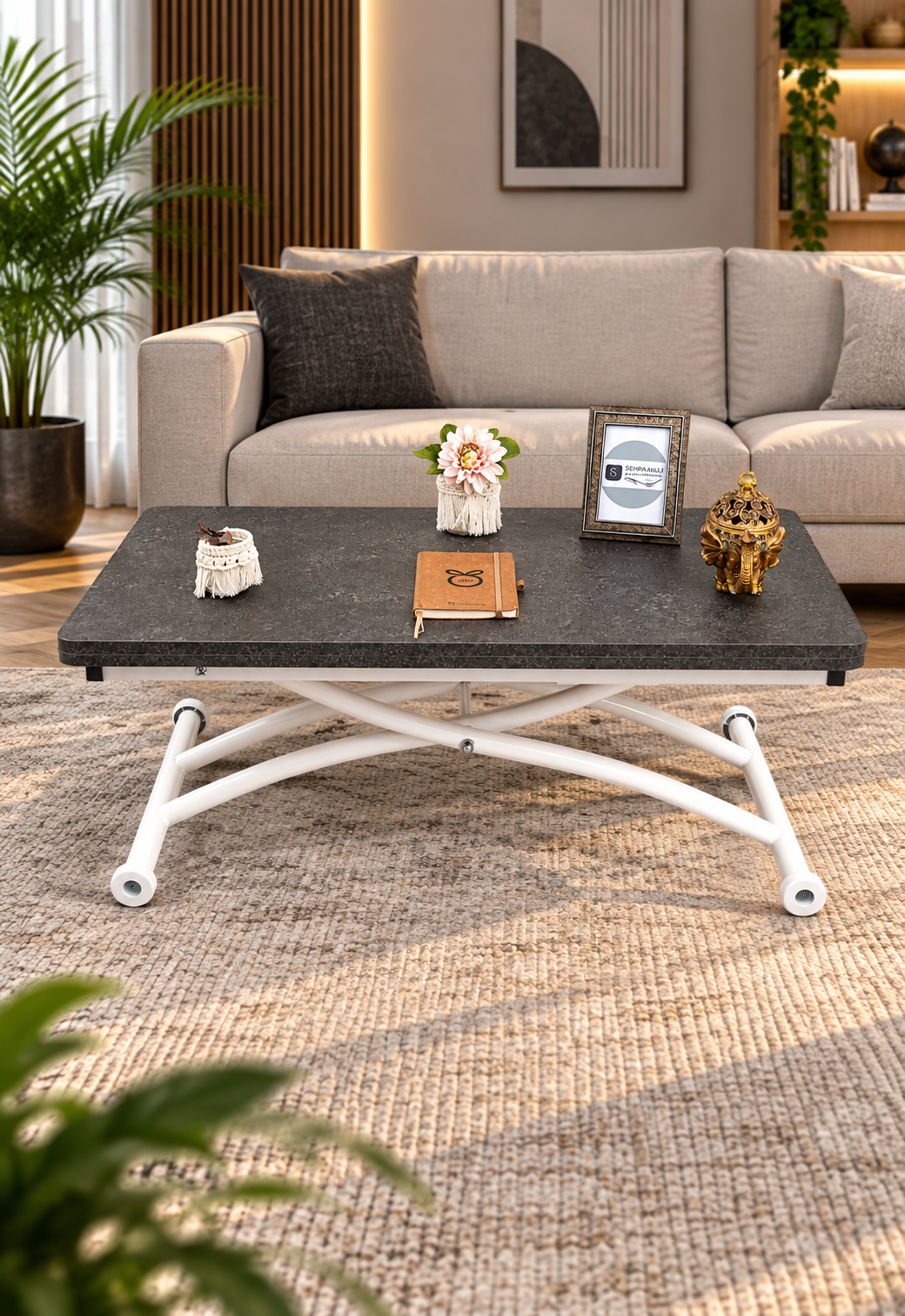 Mini Juppo Smart Coffee Table – Anthracite Grooved MDF Top & White Outward-Curved Metal Legs