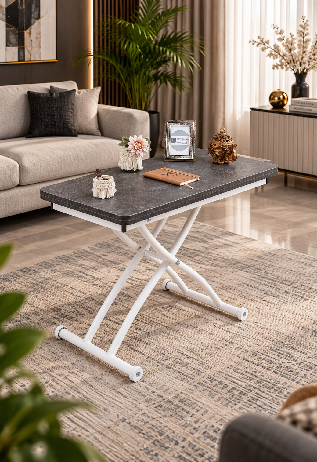 Mini Juppo Smart Coffee Table – Anthracite Grooved MDF Top & White Outward-Curved Metal Legs