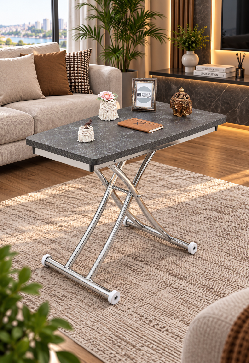 Mini Juppo Smart Coffee Table – Milled Anthracite MDF Top & Chrome Plated Metal Leg