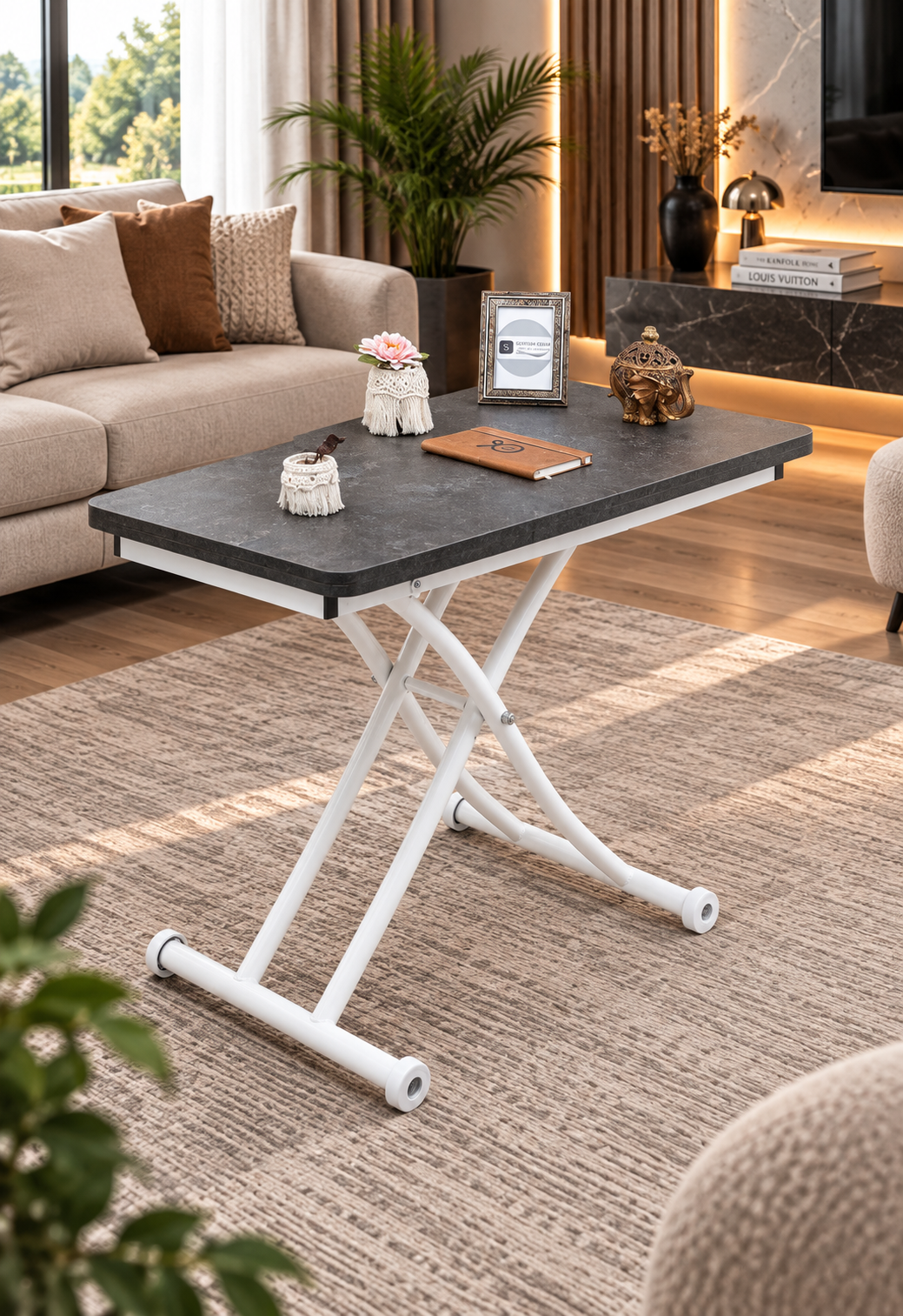 Mini Juppo Smart Coffee Table – Routered Anthracite MDF Top & White Metal Legs