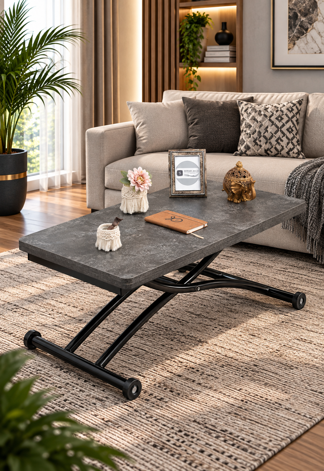 Mini Juppo Smart Coffee Table – Routered Anthracite MDF Top & Black Outward Curving Metal Leg