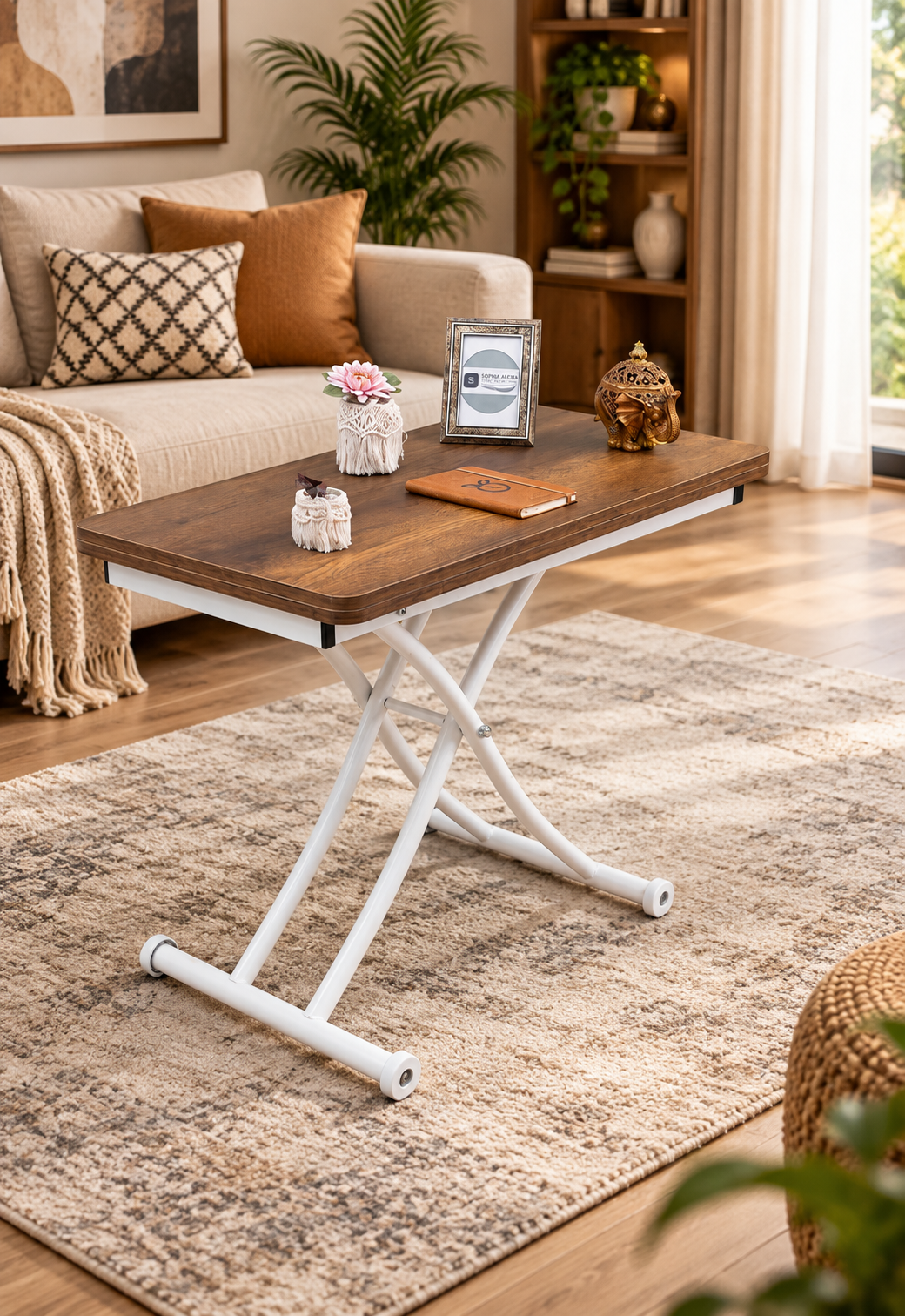 Mini Juppo Akıllı Sehpa – Barok Koyu Ceviz MDF Üst & Beyaz İçe Kıvrım Metal Ayak