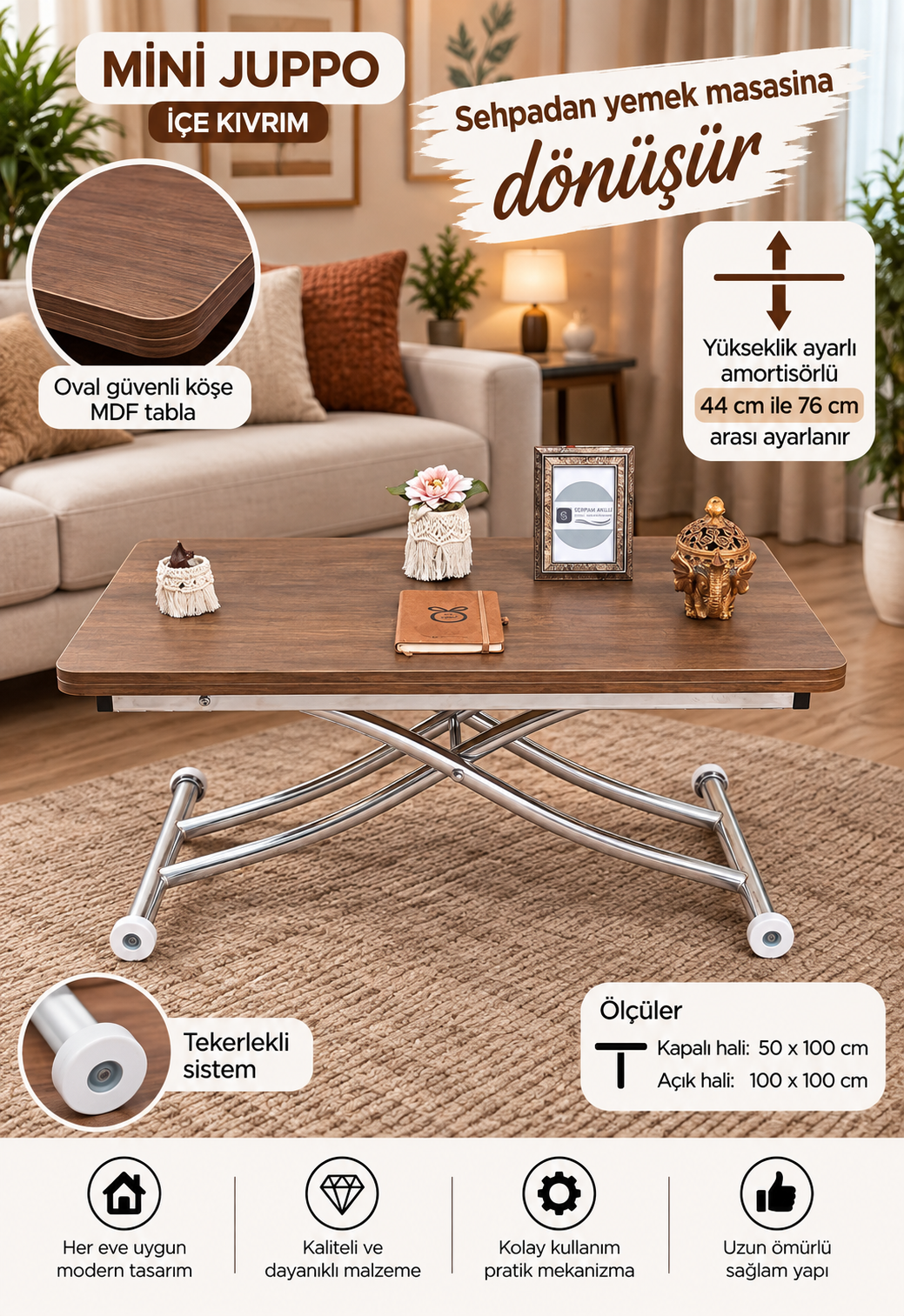 Mini Juppo Akıllı Sehpa – Barok Koyu Ceviz MDF Üst & Krom İçe Kıvrım Metal Ayak