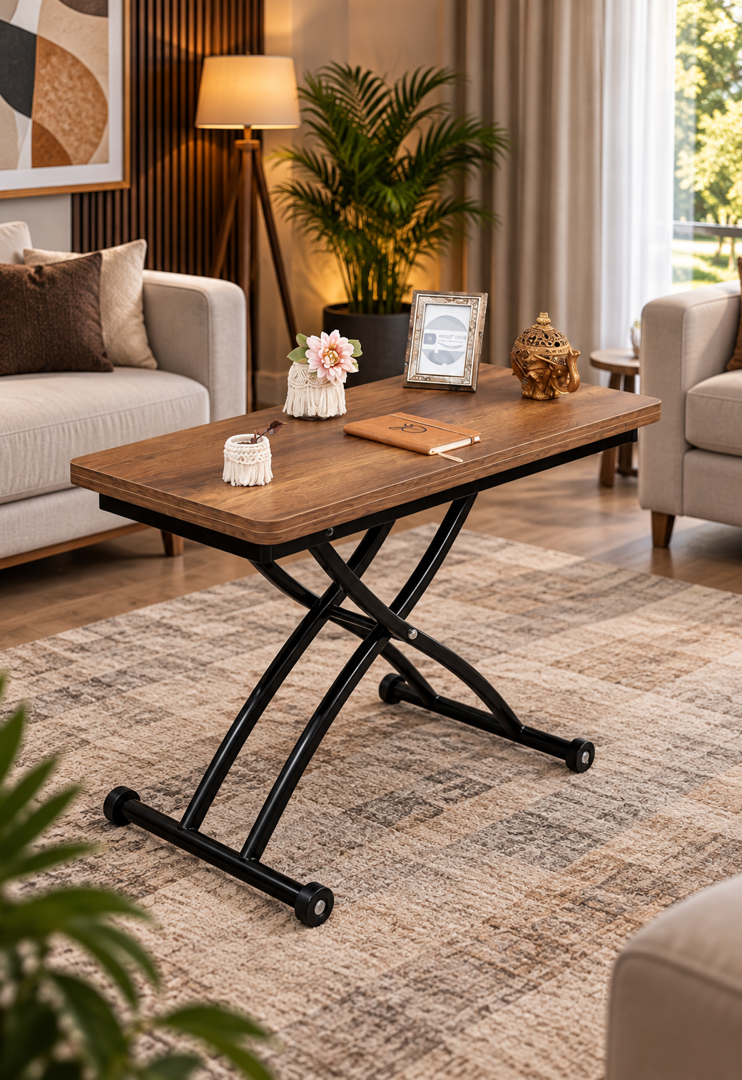 Mini Juppo Smart Coffee Table – Antique Light MDF Top & Black Outward Curved Metal Leg