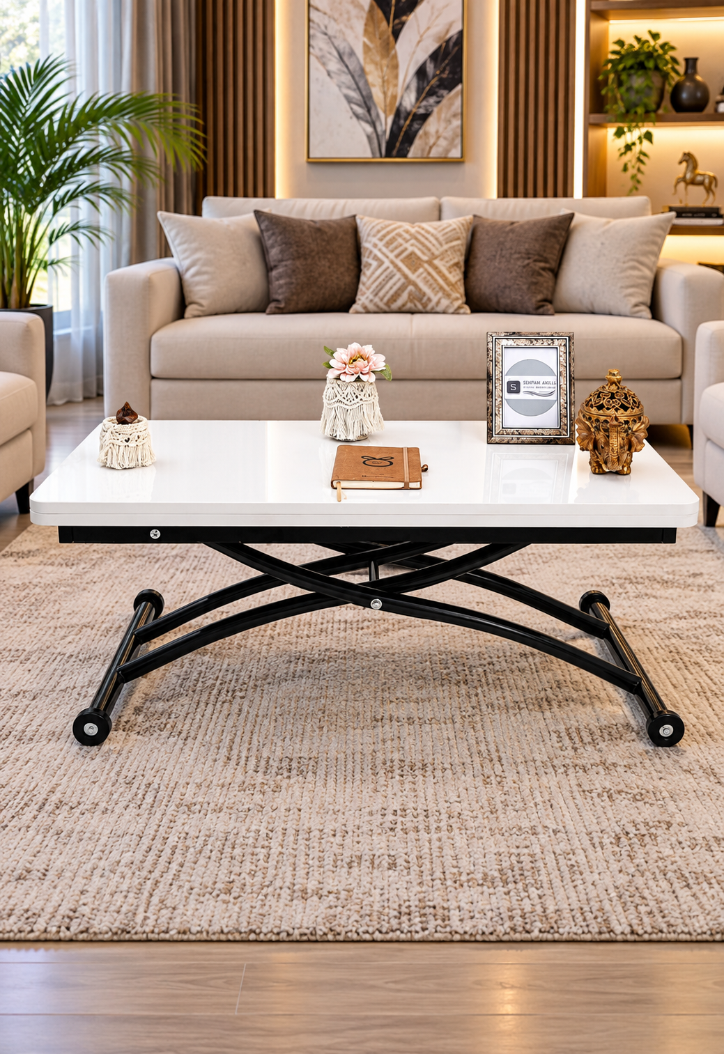Mini Juppo Smart Coffee Table – Antique Light MDF Top & Black Outward Curved Metal Leg