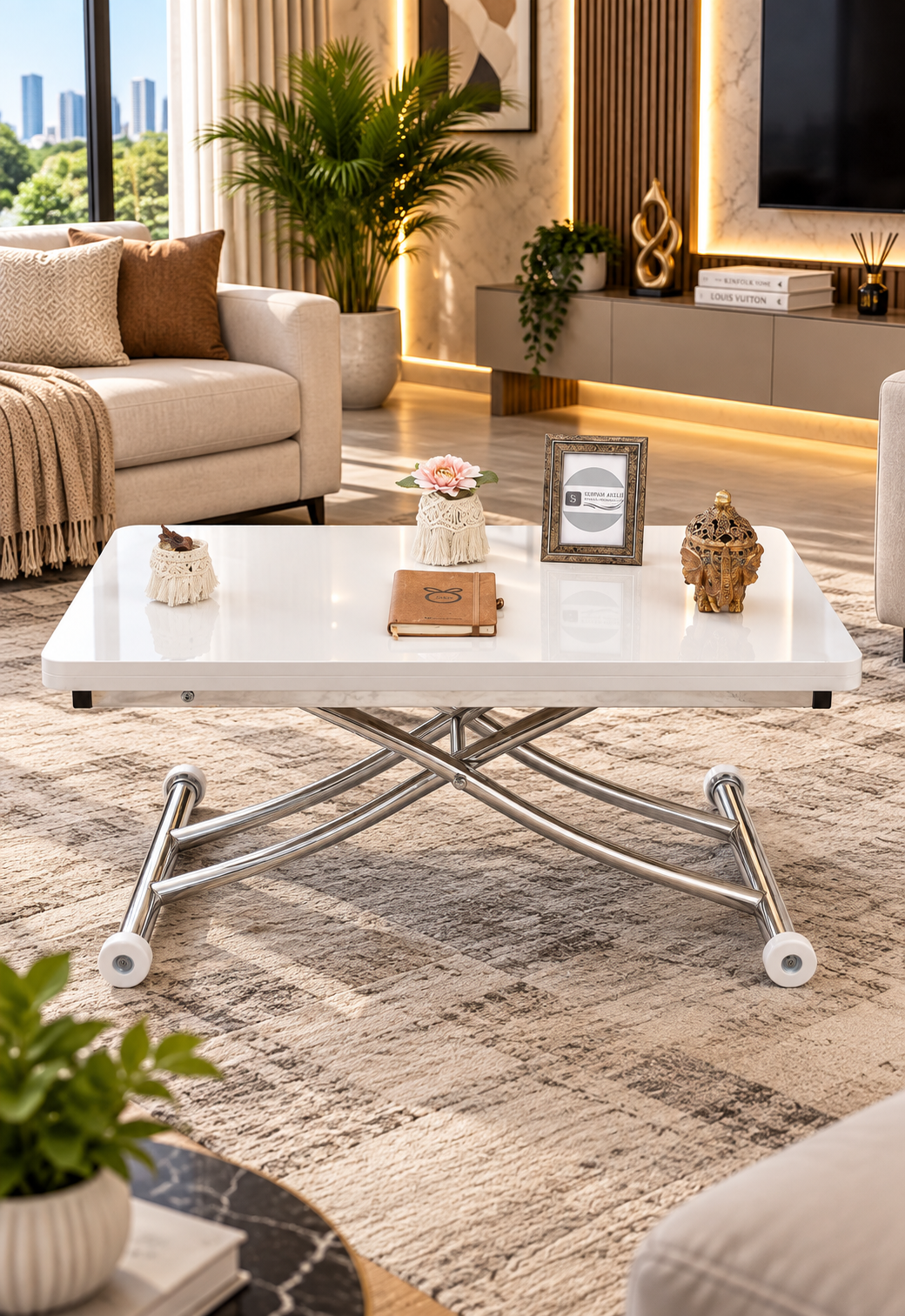 Mini Juppo Smart Coffee Table – White MDF Top & Chrome-Plated Metal Legs