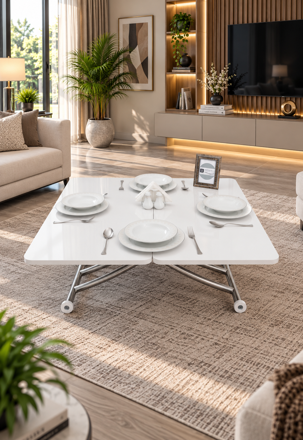 Mini Juppo Smart Coffee Table – White MDF Top & Chrome-Plated Metal Legs