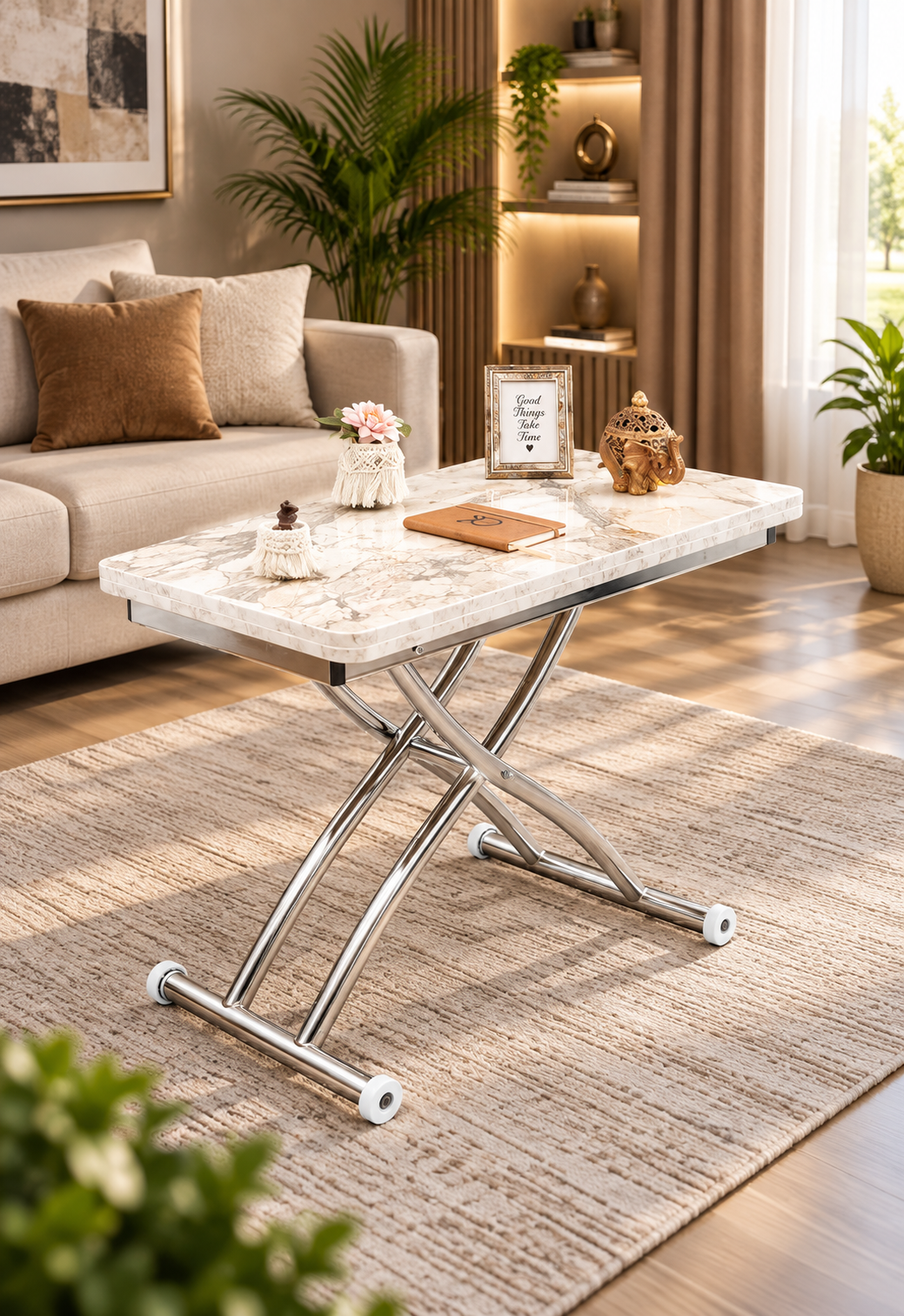Mini Juppo Smart Coffee Table – White Marble MDF Top & Chrome-Plated Outwardly Curved Leg