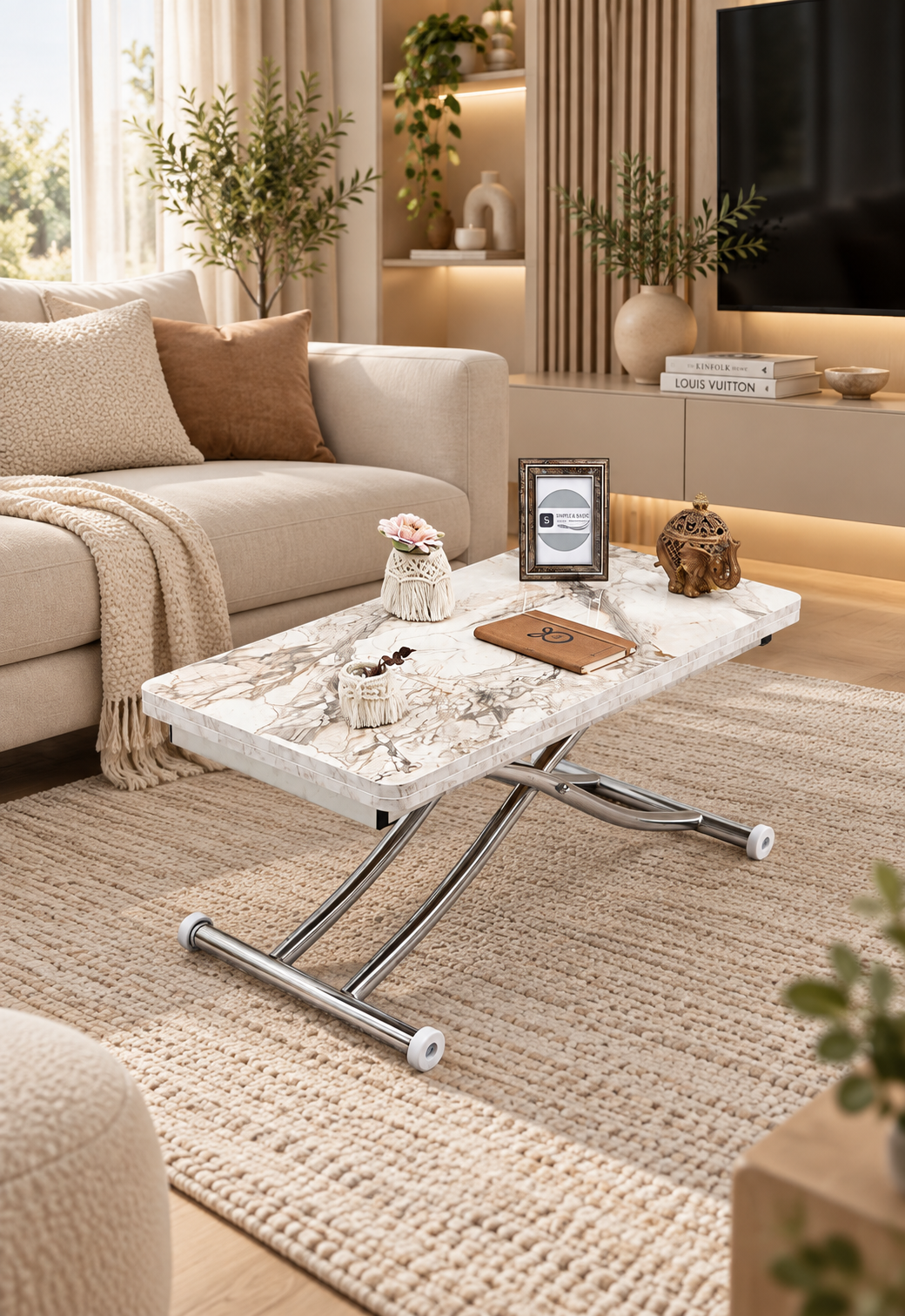 Mini Juppo Smart Coffee Table – White Marble MDF Top & Chrome Plated Metal Legs