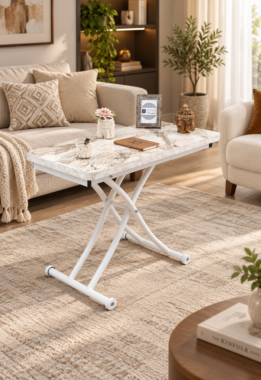 Mini Juppo Smart Coffee Table - White Marble MDF Top & White Metal Leg