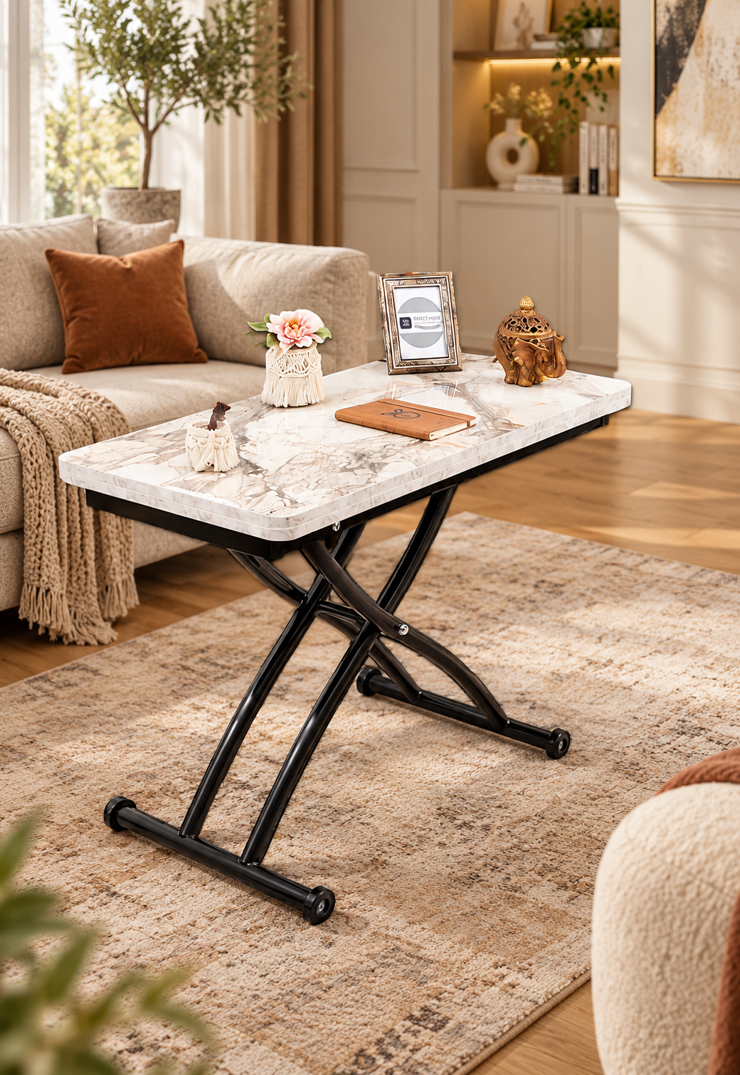 Mini Juppo Smart Coffee Table – White Marble MDF Top & Black Outward Curved Metal Leg