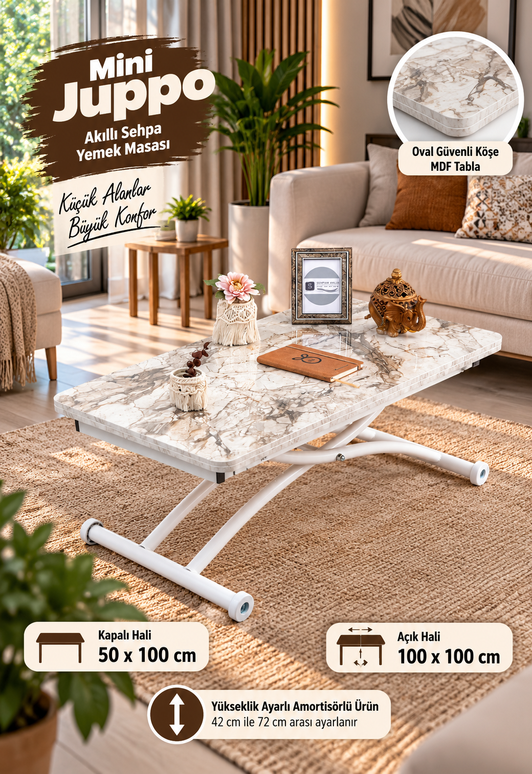 Mini Juppo Smart Coffee Table – White Marble MDF Top & White Outward Curved Metal Leg