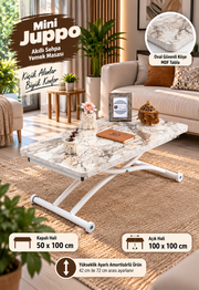 Mini Juppo Smart Coffee Table – White Marble MDF Top & White Outward Curved Metal Leg
