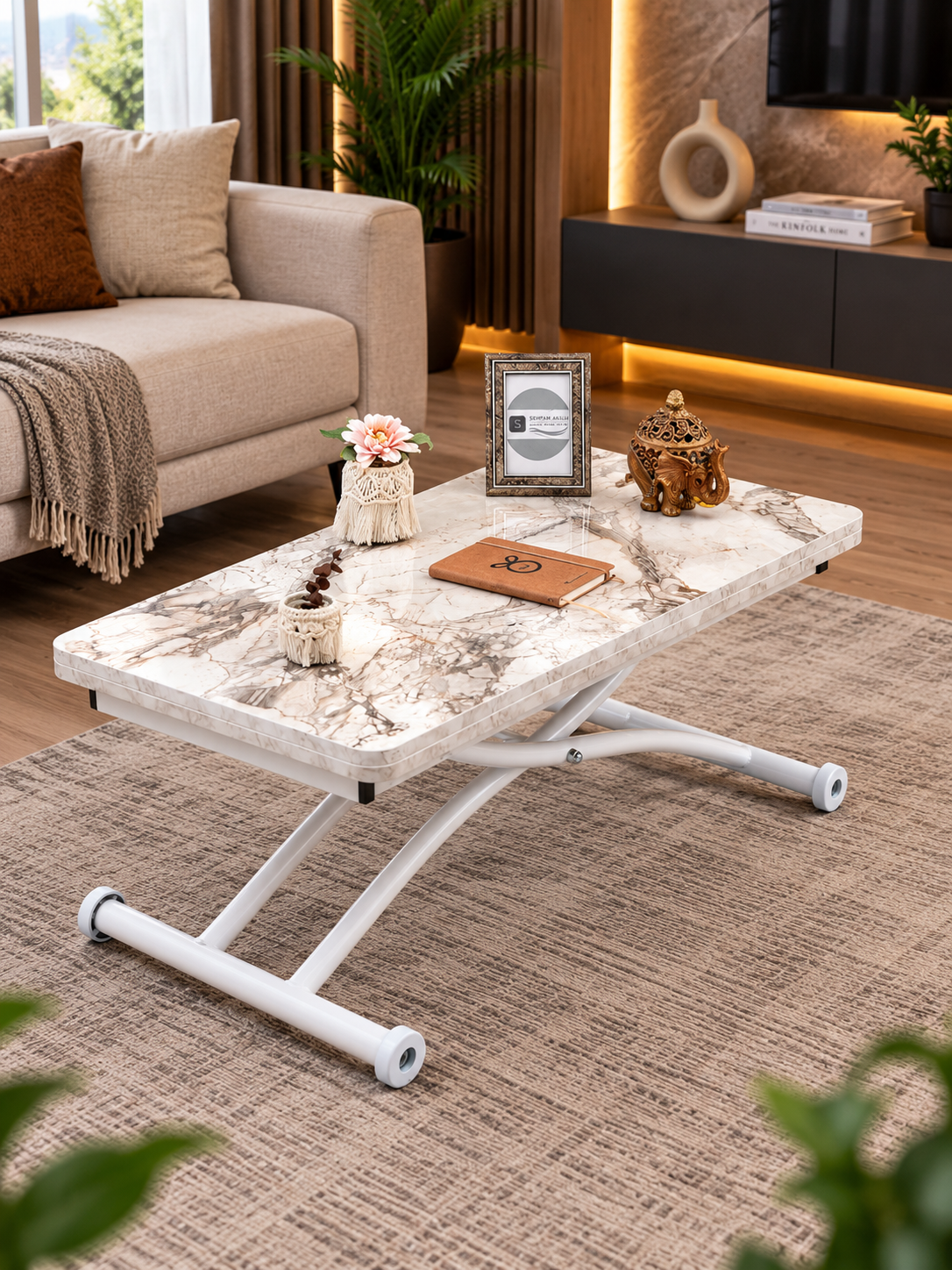 Mini Juppo Smart Coffee Table – White Marble MDF Top & White Outward Curved Metal Leg