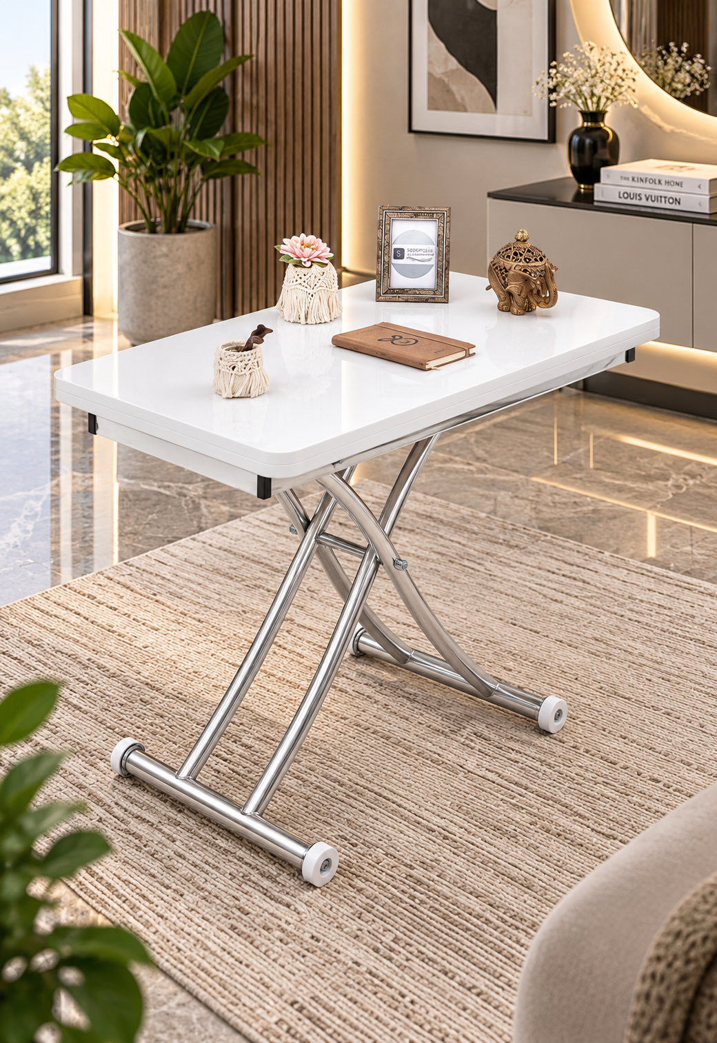 Mini Juppo Smart Coffee Table – White MDF Top & Chrome-Plated Metal Legs