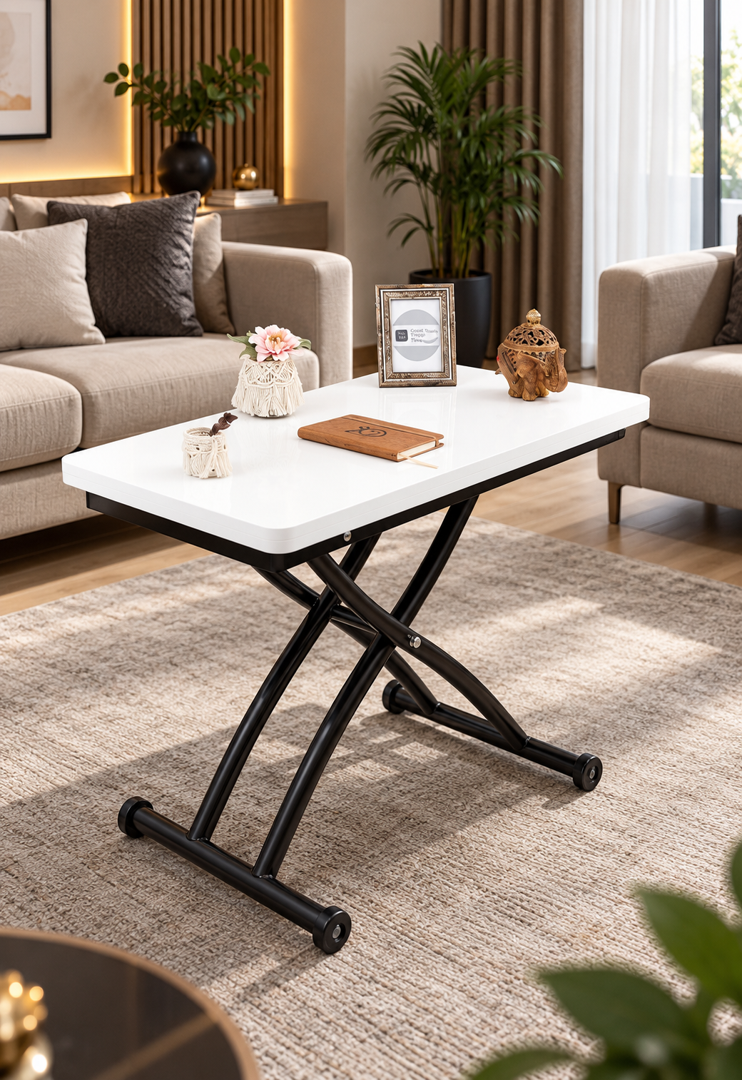 Mini Juppo Smart Coffee Table – Antique Light MDF Top & Black Outward Curved Metal Leg