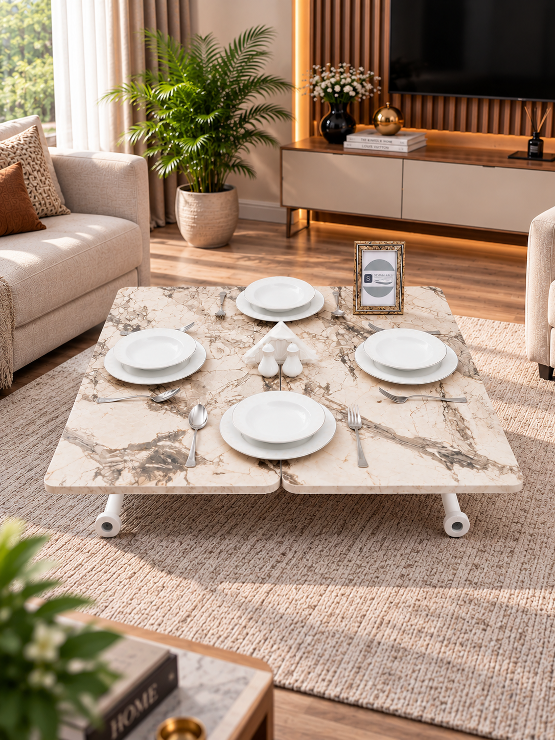 Mini Juppo Smart Coffee Table – White Marble MDF Top & White Outward Curved Metal Leg