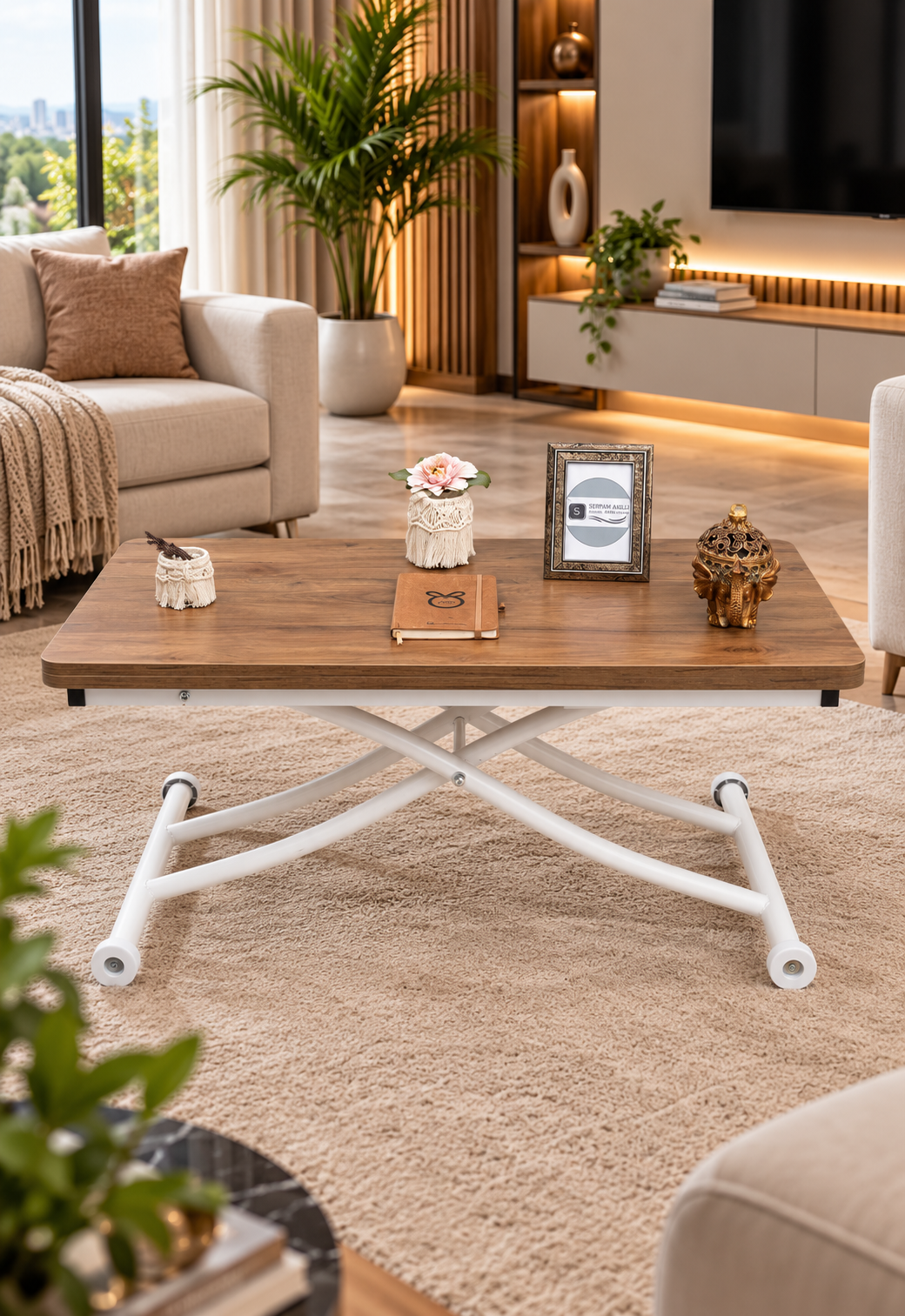 Mini Juppo Smart Coffee Table – Walnut MDF Top & White Metal Leg