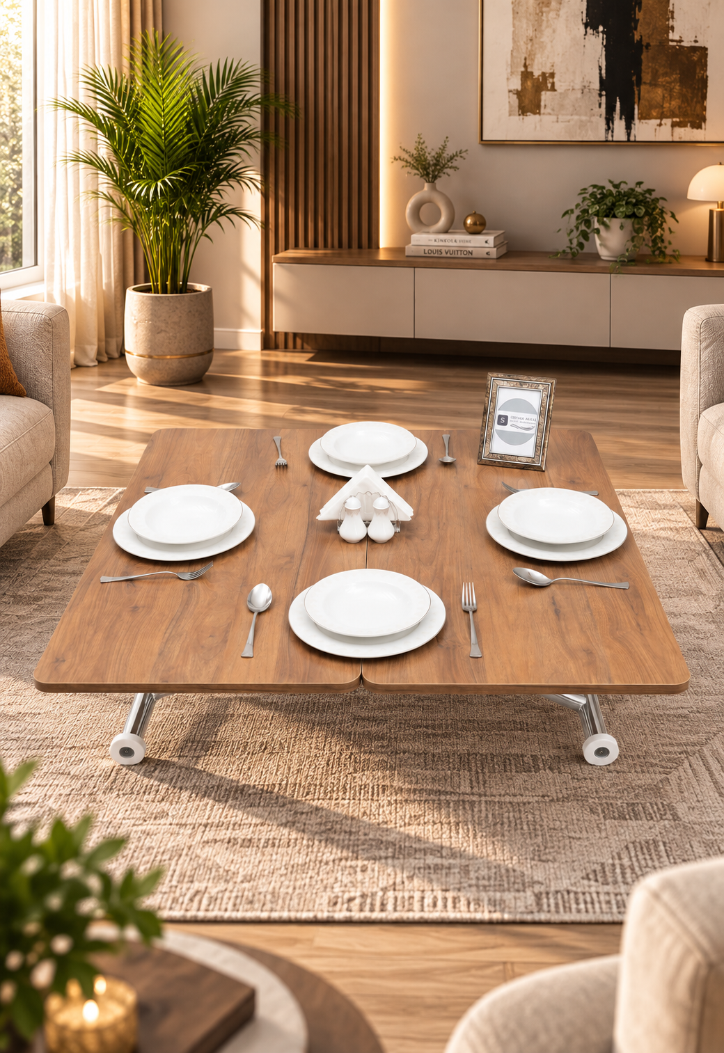 Mini Juppo Smart Coffee Table - Walnut MDF Top & Chrome Plated Outward Curved Leg